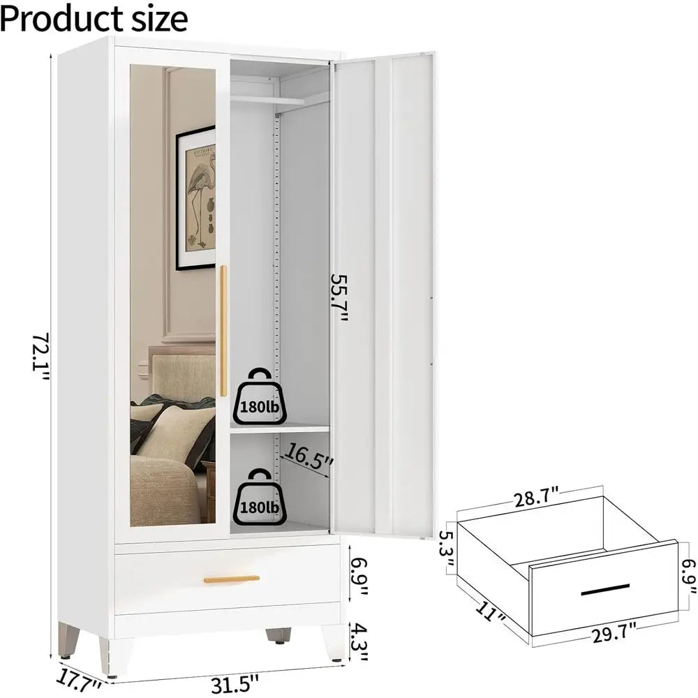 72 Inch Tall Metal Wardrobe with Hanging Rod, Adjustable Shelf, Drawer, and Mirror - Large Storage Cabinet for Bedroom, Office,