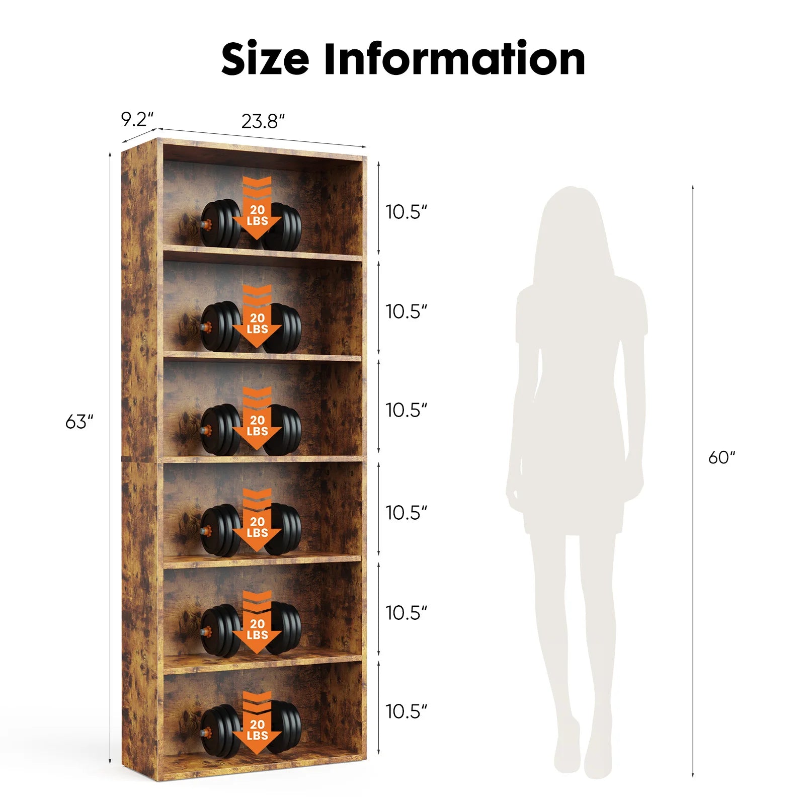 6 Tier Wooden Shelf Bookcase 63"