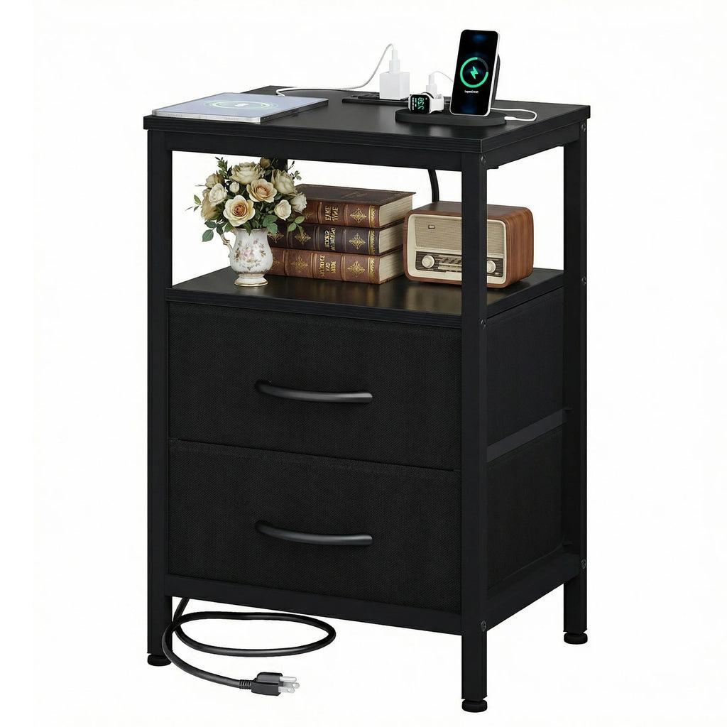 2 Drawer Night Stand, Shelf, USB, Charging Station