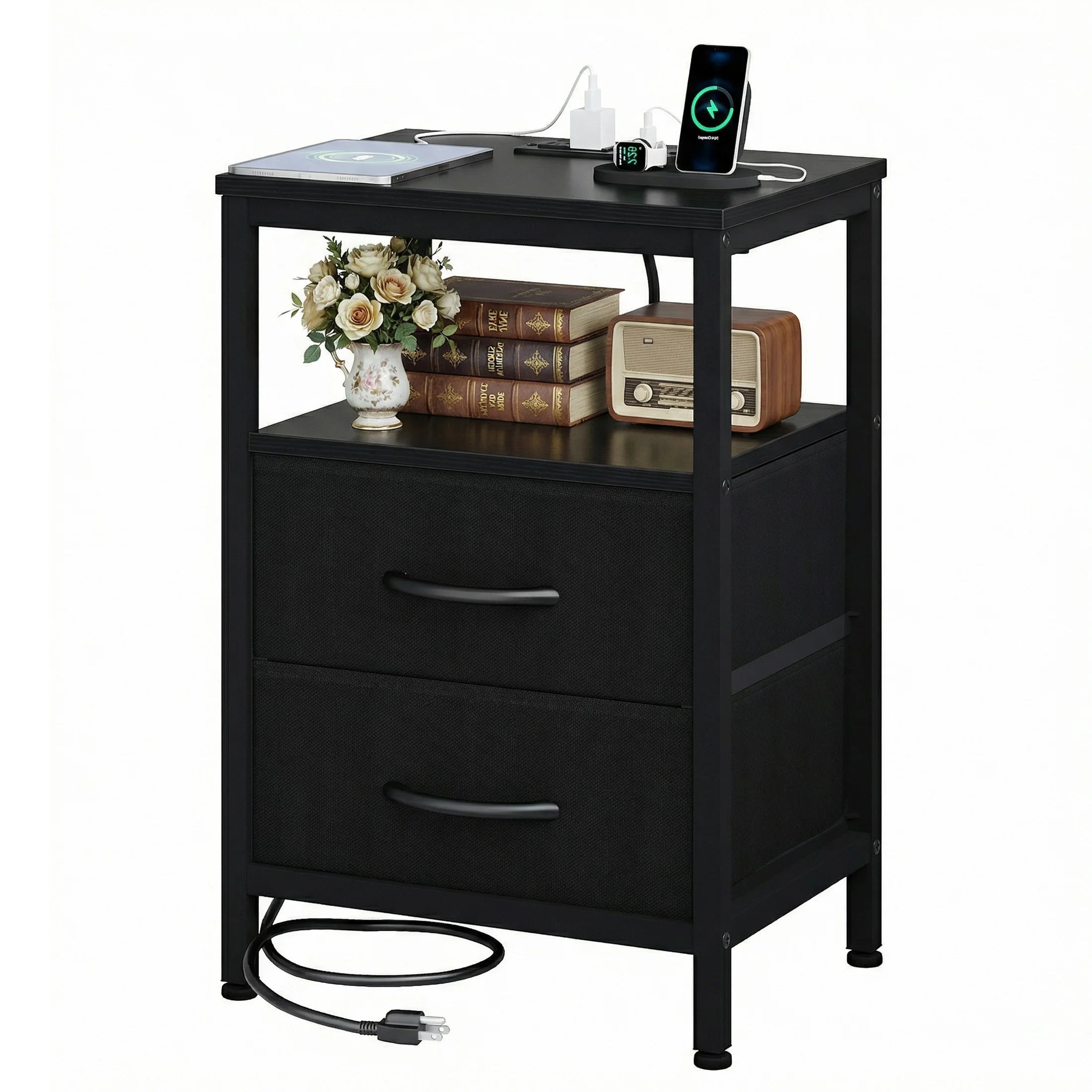 2 Drawer Night Stand, Shelf, USB, Charging Station