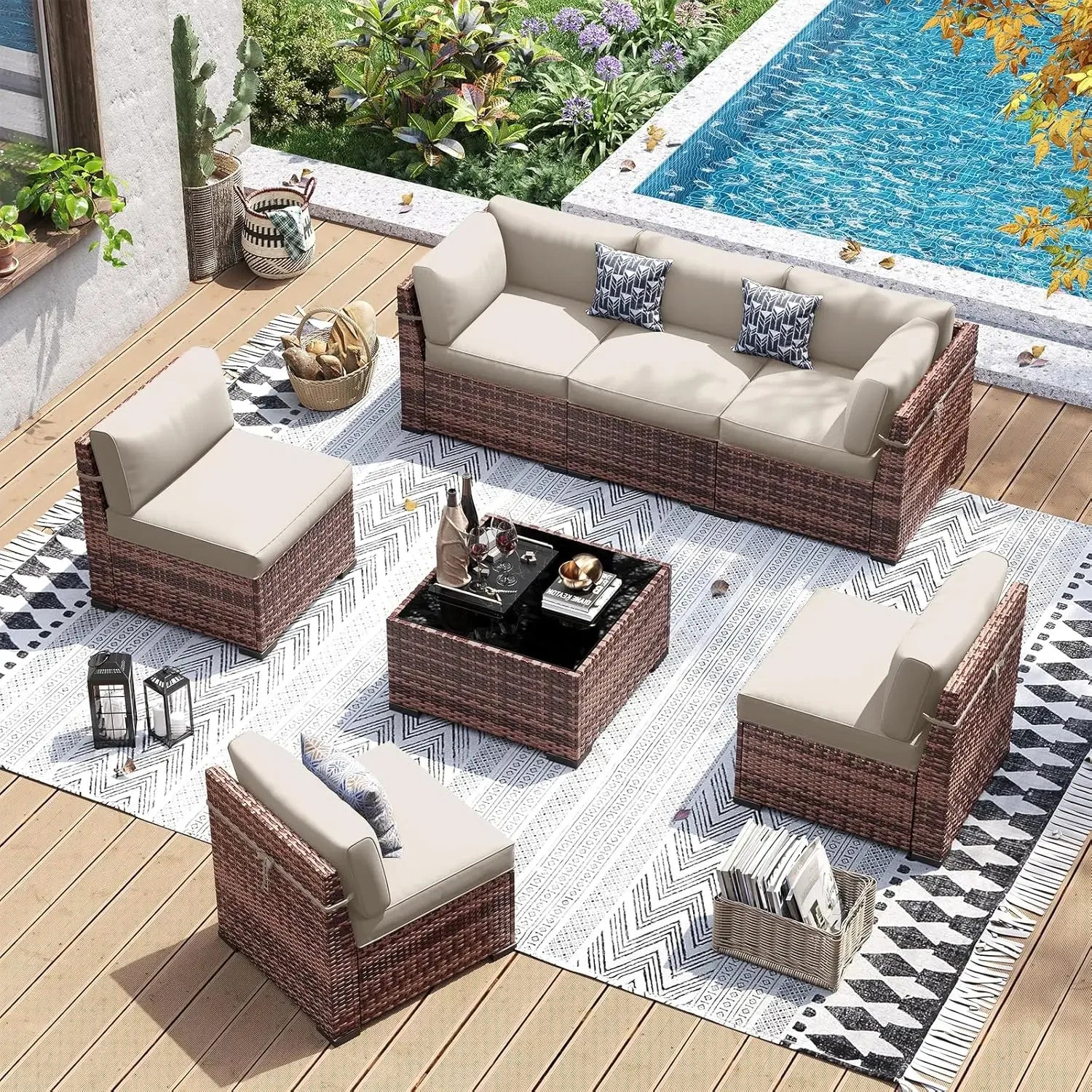 7 Pcs Wicker Sectional Sofa with Tea Table