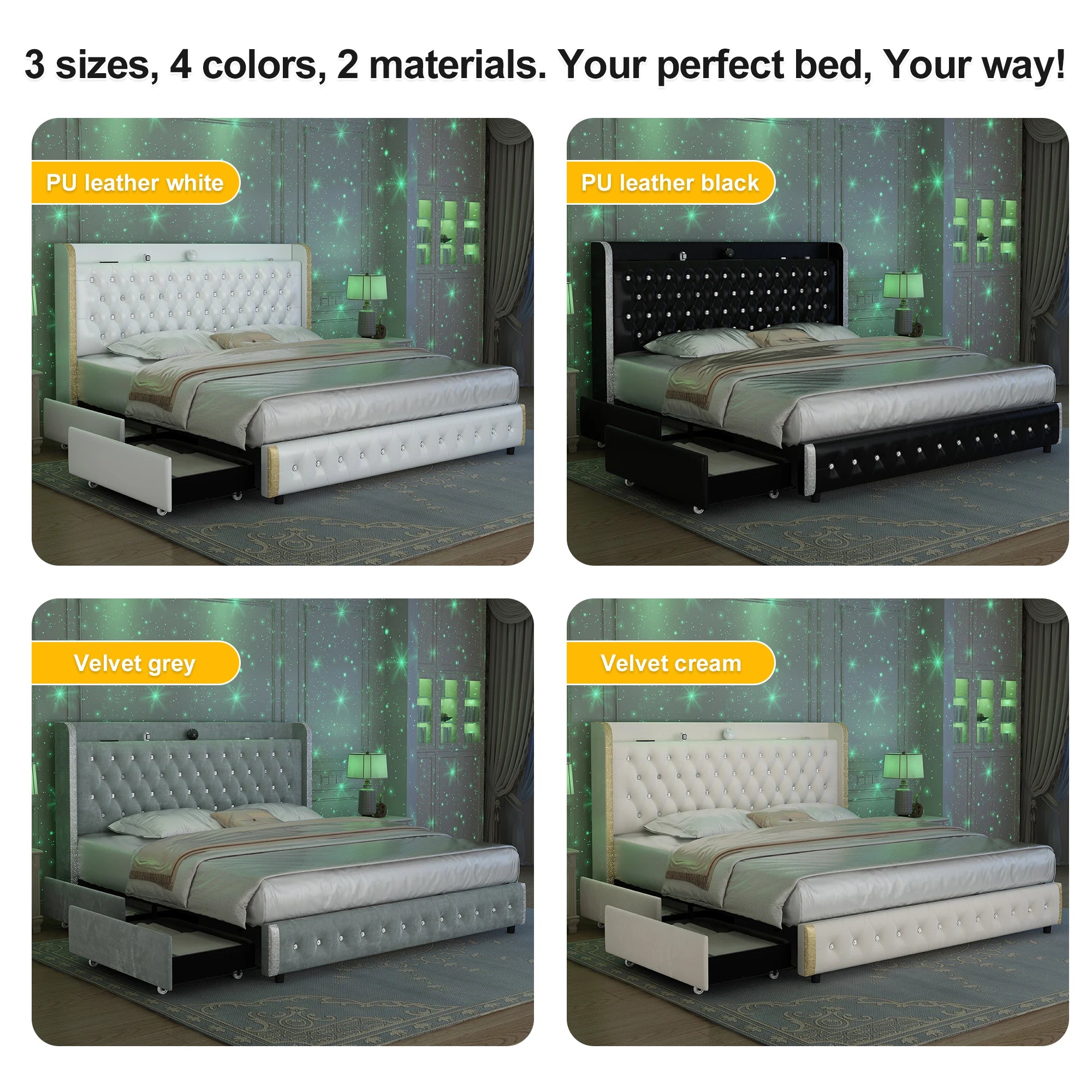Queen Platform Bed Frame with LED Projector Lights, blue tooth
