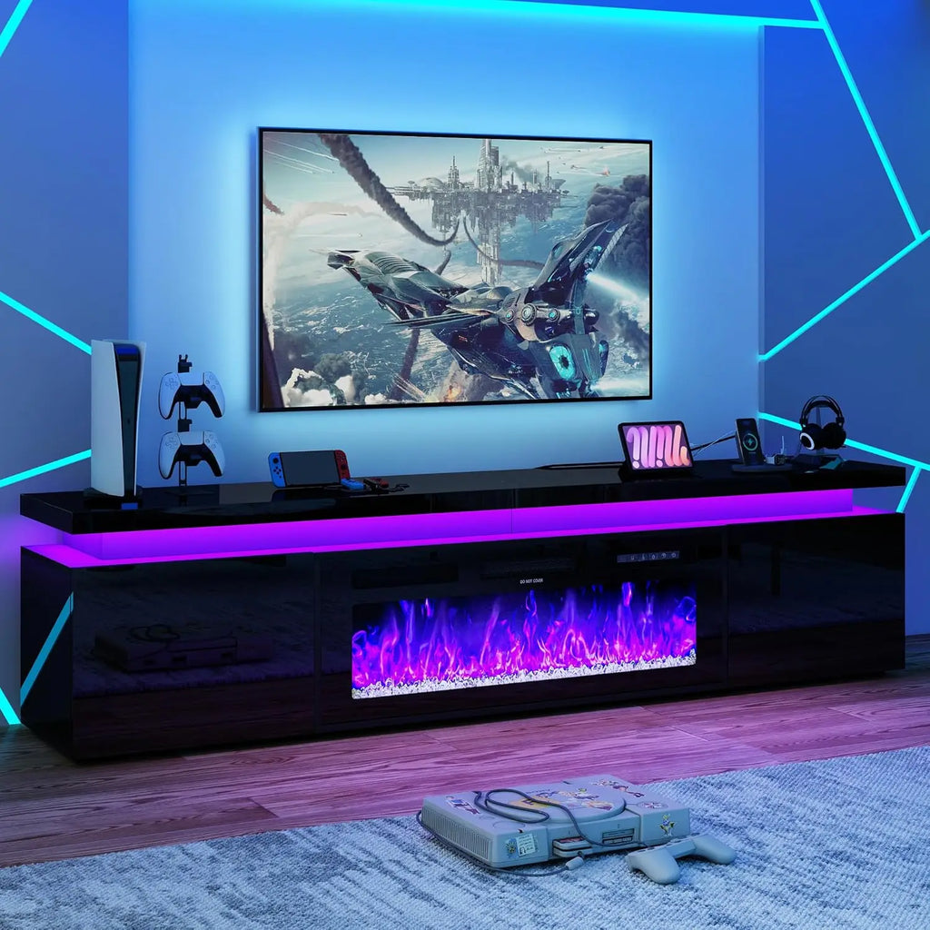 LED TV Stand with Electric Fireplace & Power Outlet