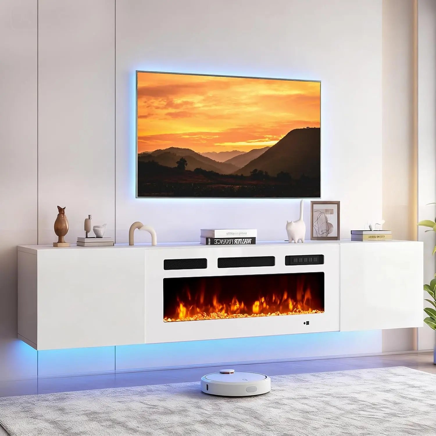 Floating TV Stand, Electric Fireplace, 12-Color LED
