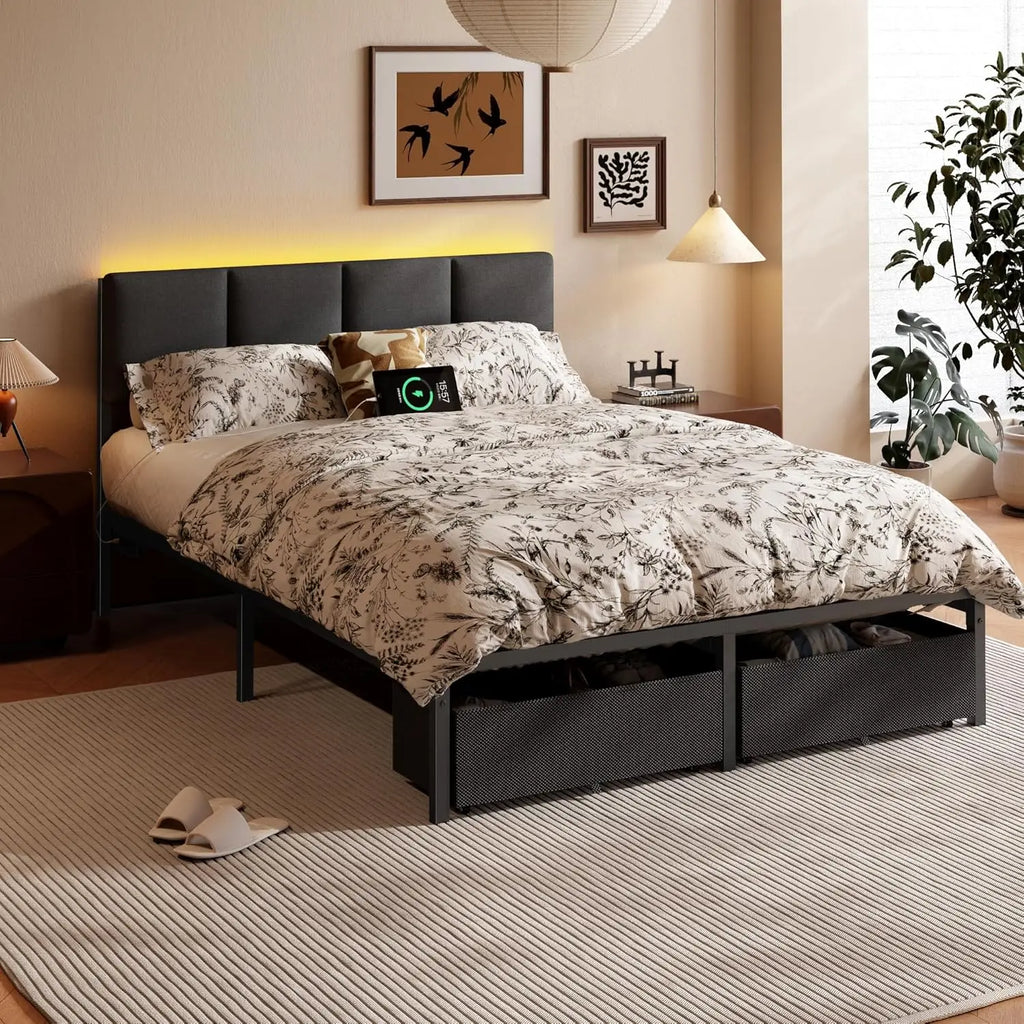 Full Size Bed Frame, Headboard, Upholstered, LED