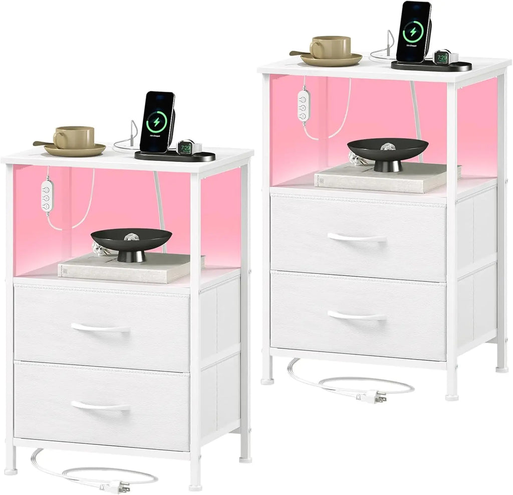 2 Nightstands with Charging Station, LED Lights