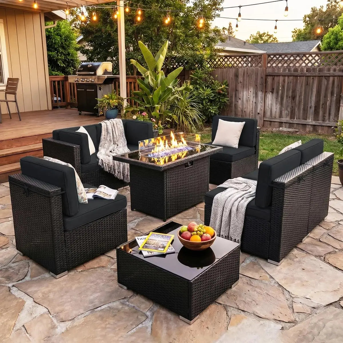 8Pc. Patio Set with 44" Propane Fire Pit Table