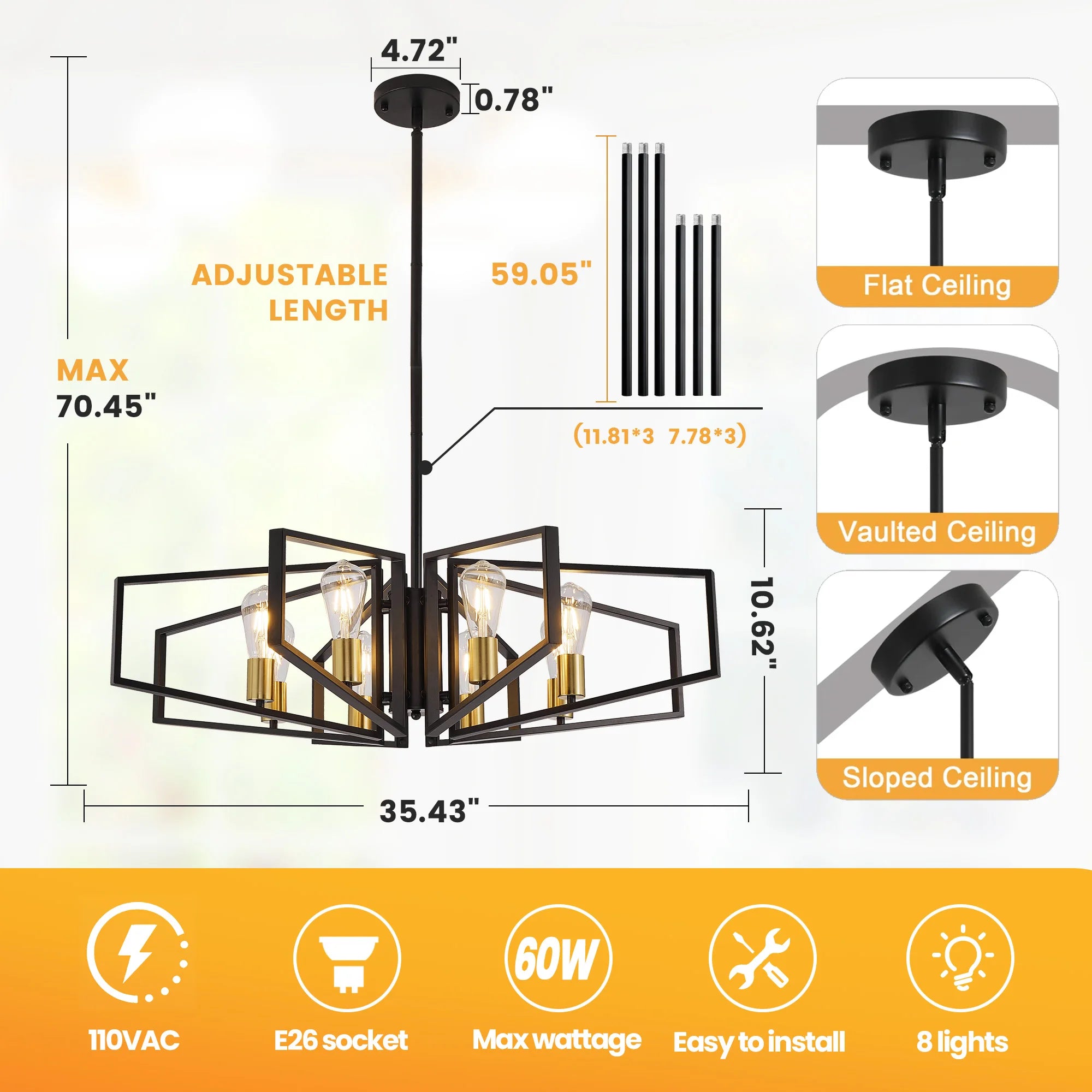 8-Light Geometric Chandelier Adjustable Height Metal Pendant