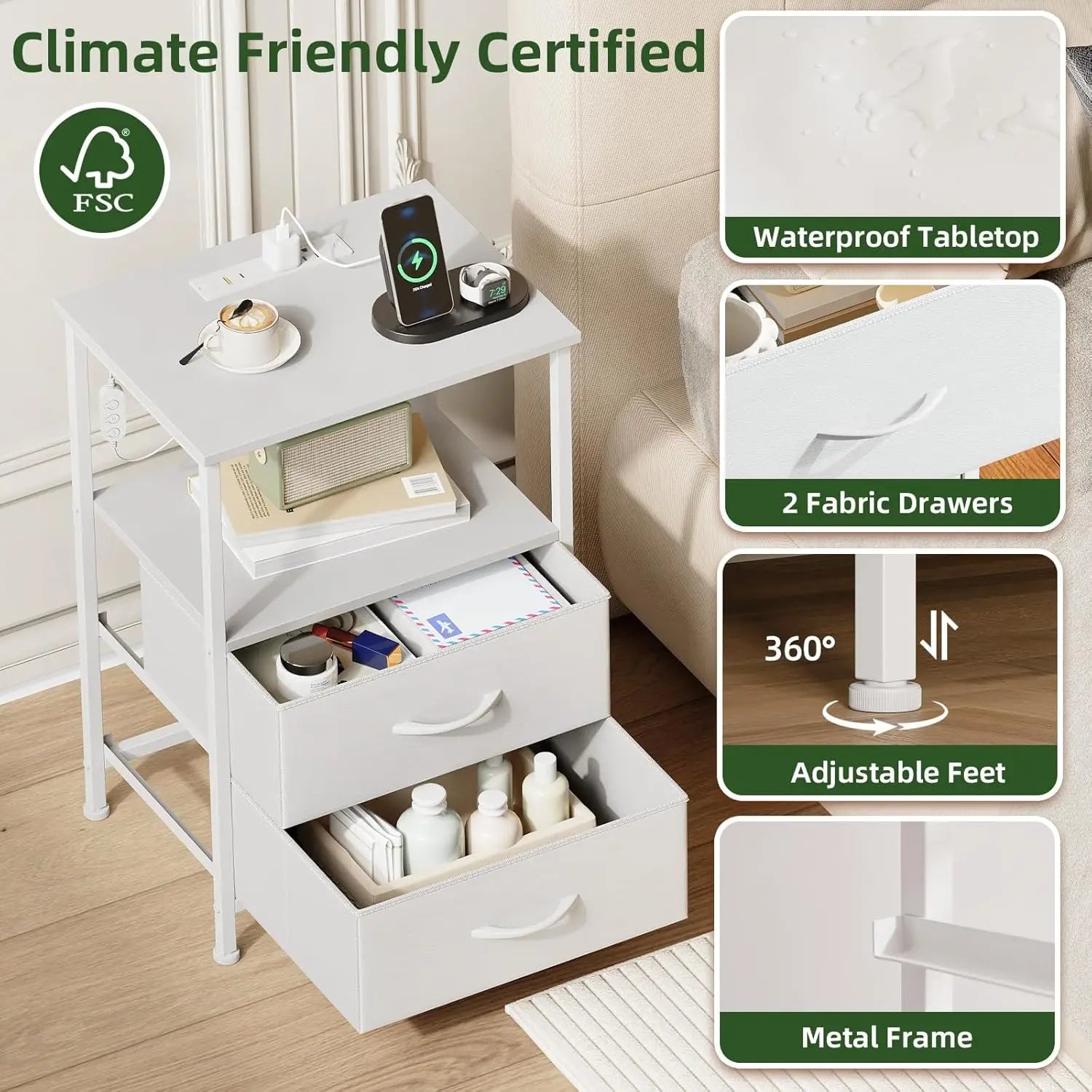 2 Nightstands with Charging Station, LED Lights