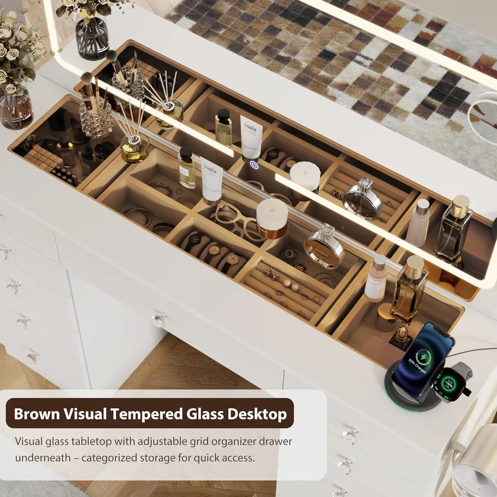 White Vanity Desk with Mirror & LED Lights