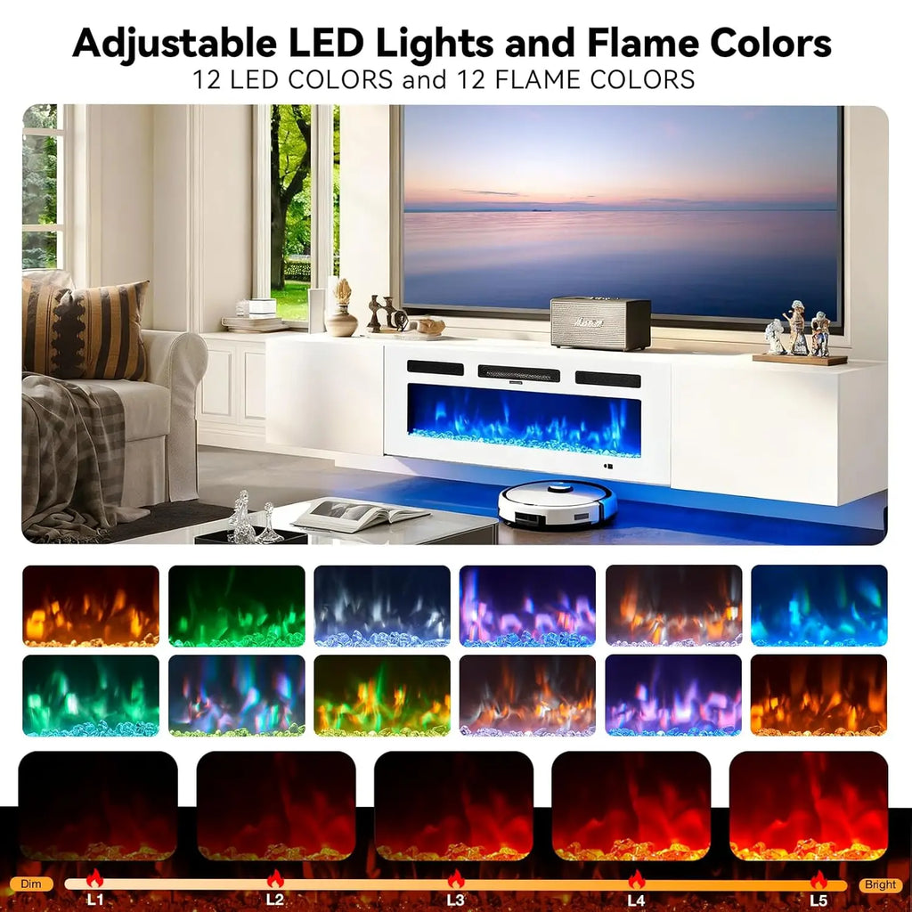 Floating TV Stand, Electric Fireplace, 12-Color LED