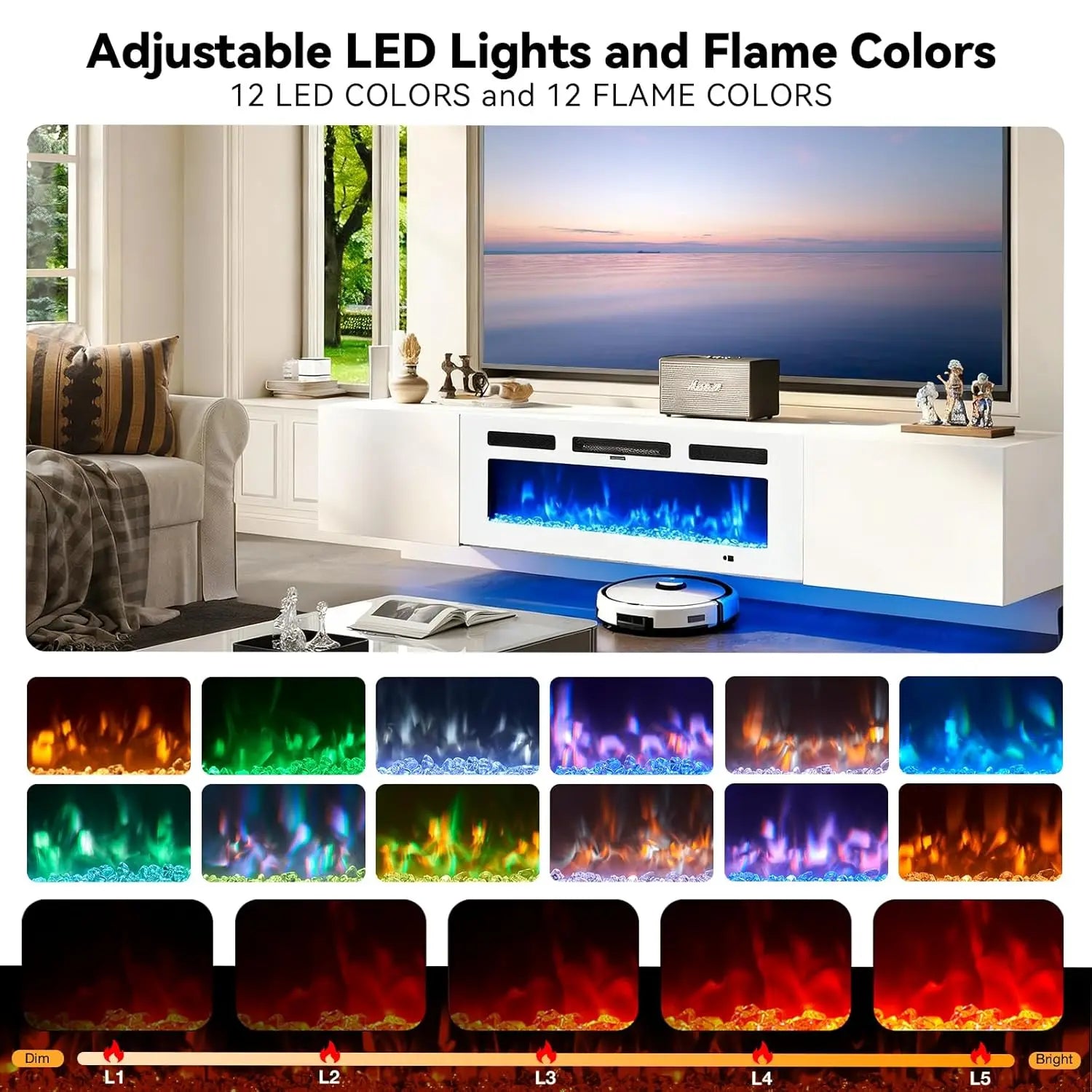Floating TV Stand, Electric Fireplace, 12-Color LED
