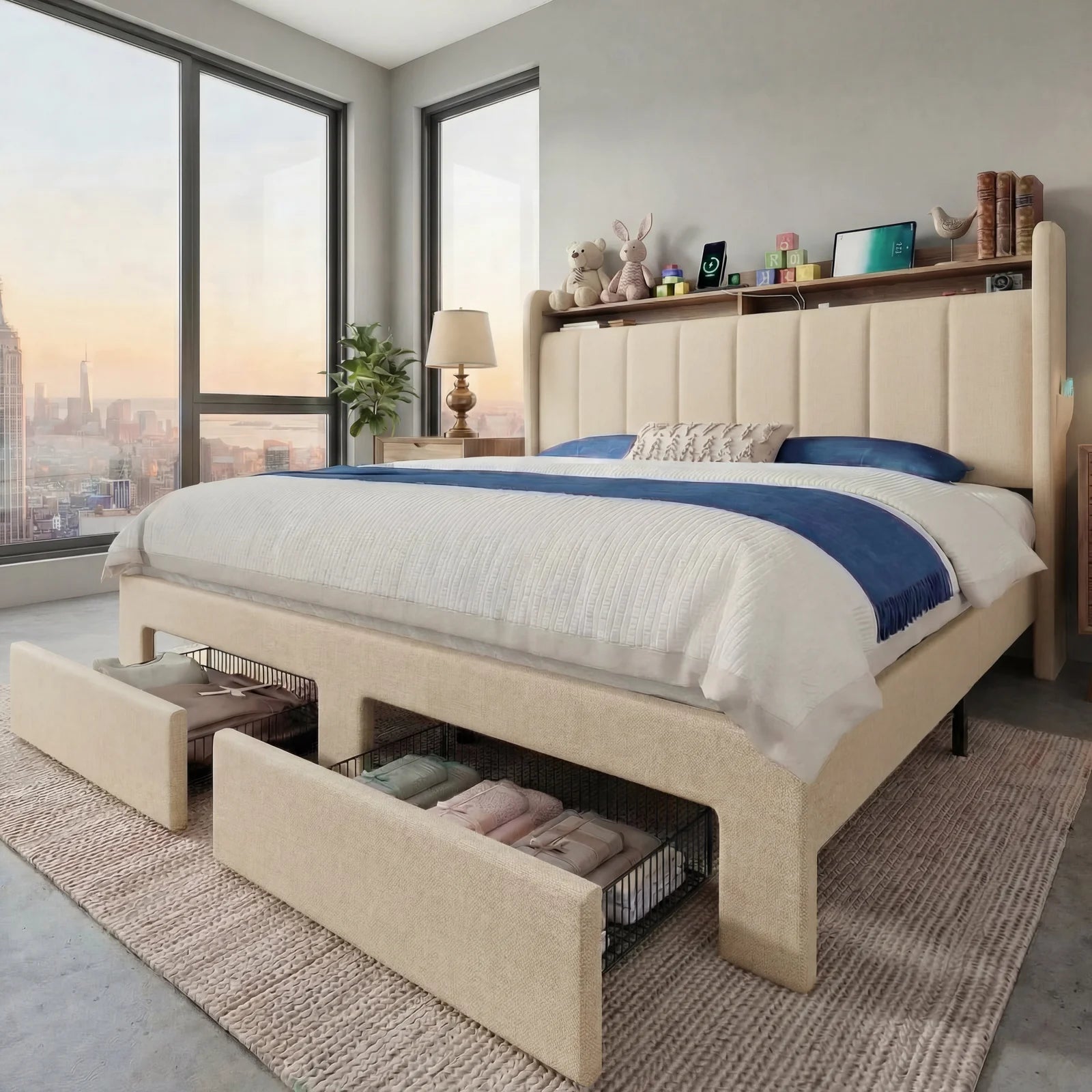 Bed Frame, 2 Drawers, 2 Shelves, LED Lights, Charging Station