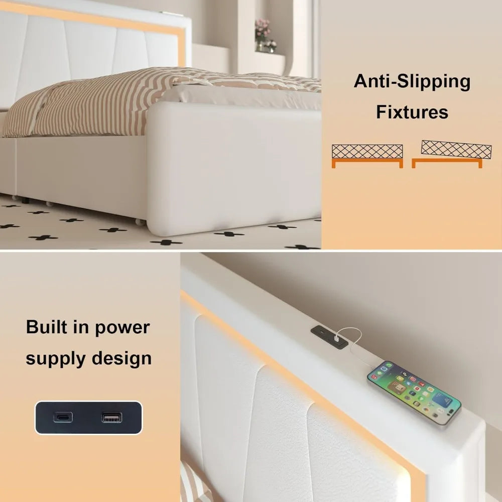 Bed Frame with 4 Drawers, Adjustable Headboard, LED, USB,