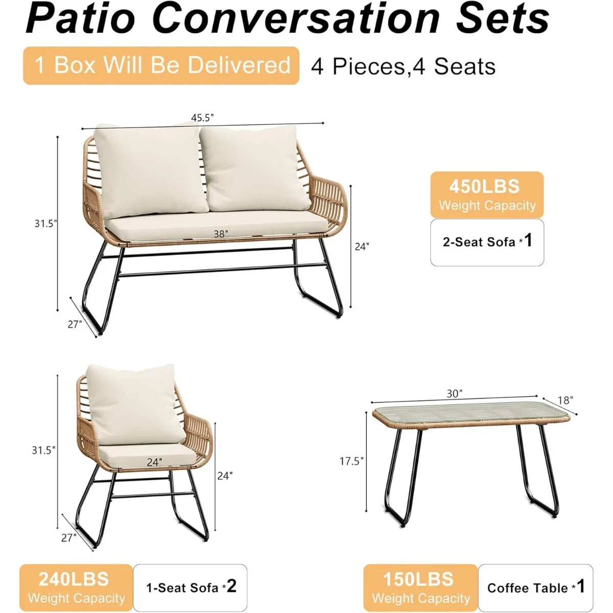 4-Pc.Outdoor Patio Set with Tempered Glass Table/Loveseat