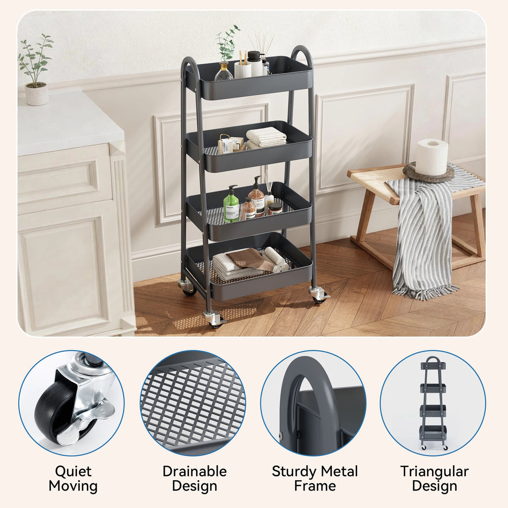 4 Tier Kitchen Cart W/Lockable Wheels