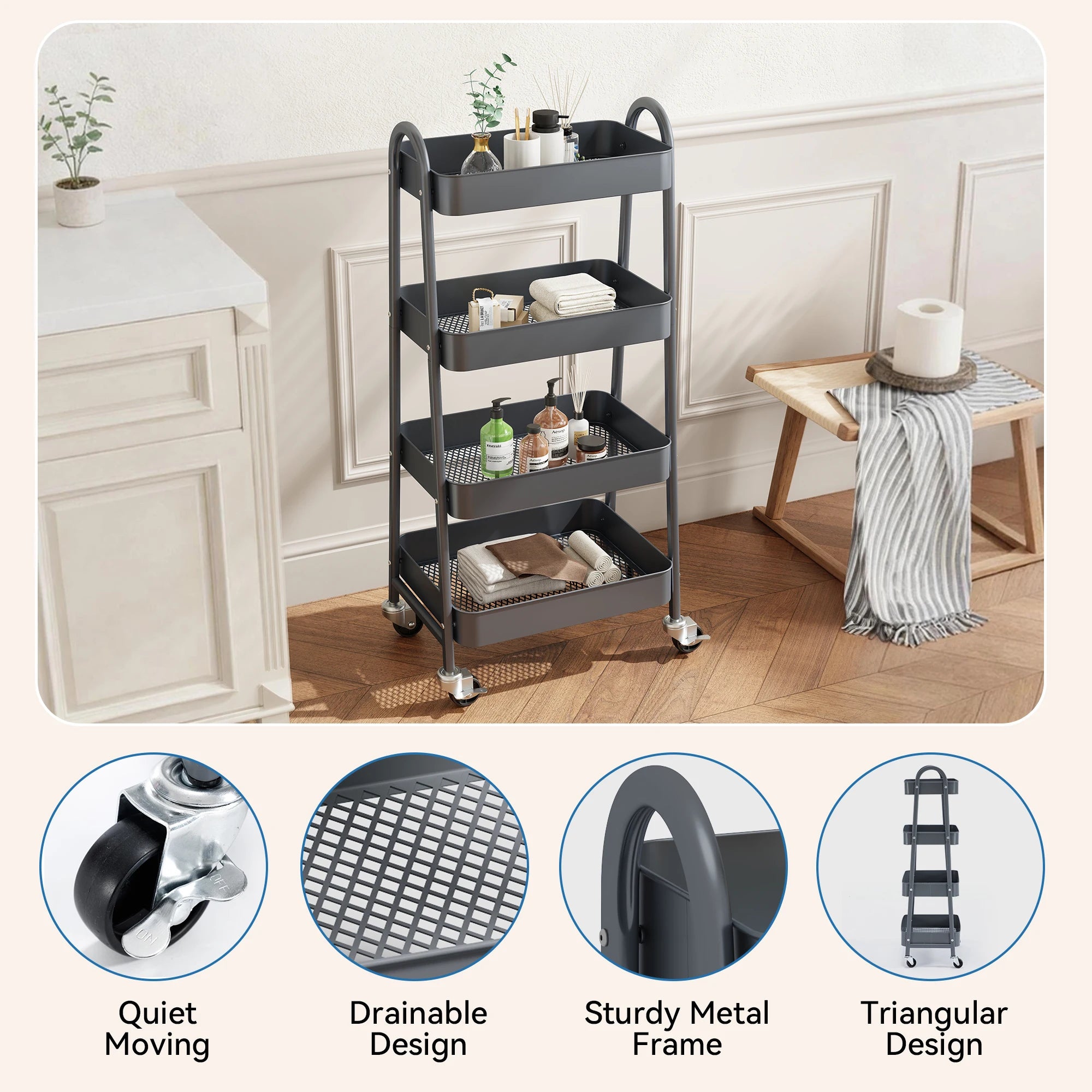4 Tier Kitchen Cart W/Lockable Wheels