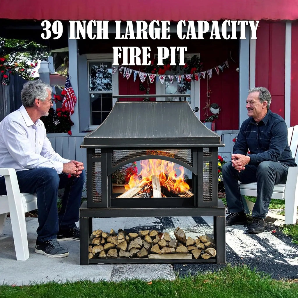 39" Wood Storage Fireplace, Chimney, Mesh Spark Screen