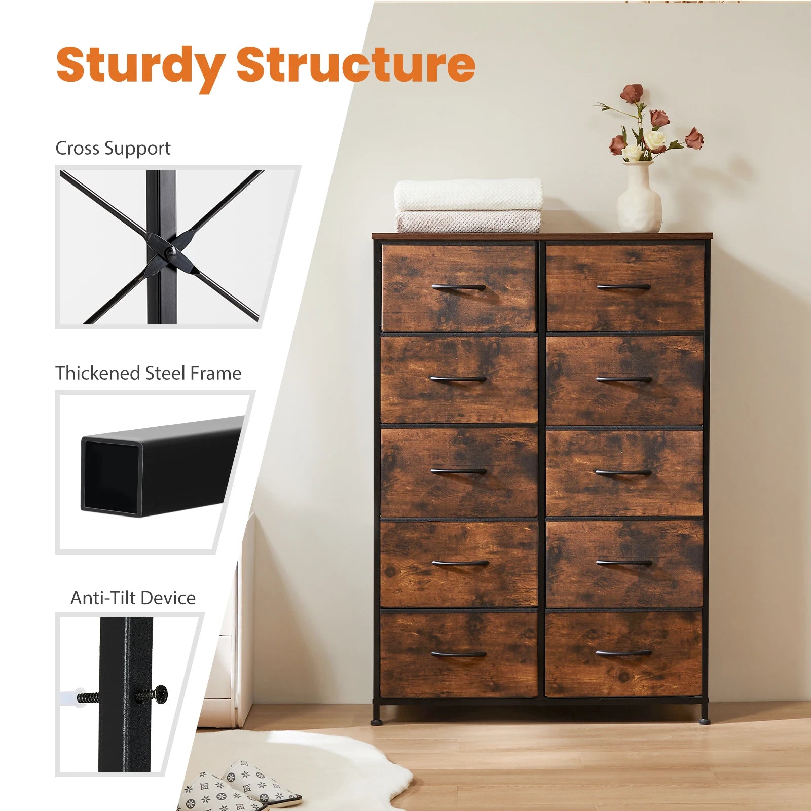 10 Fabric Drawer Dresser With Steel Frame