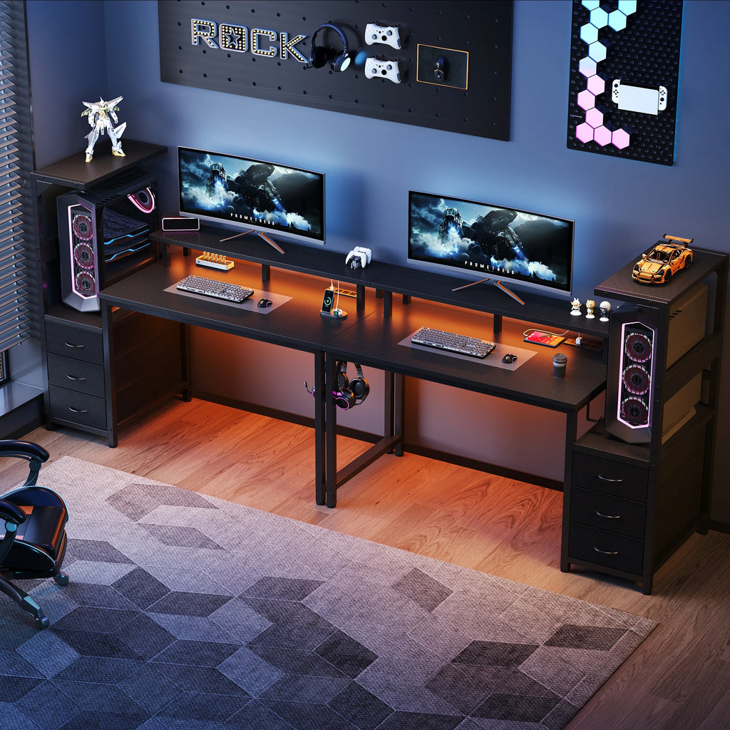 3-Drawer Gaming, Computer Desk LED Lights, Power Outlets
