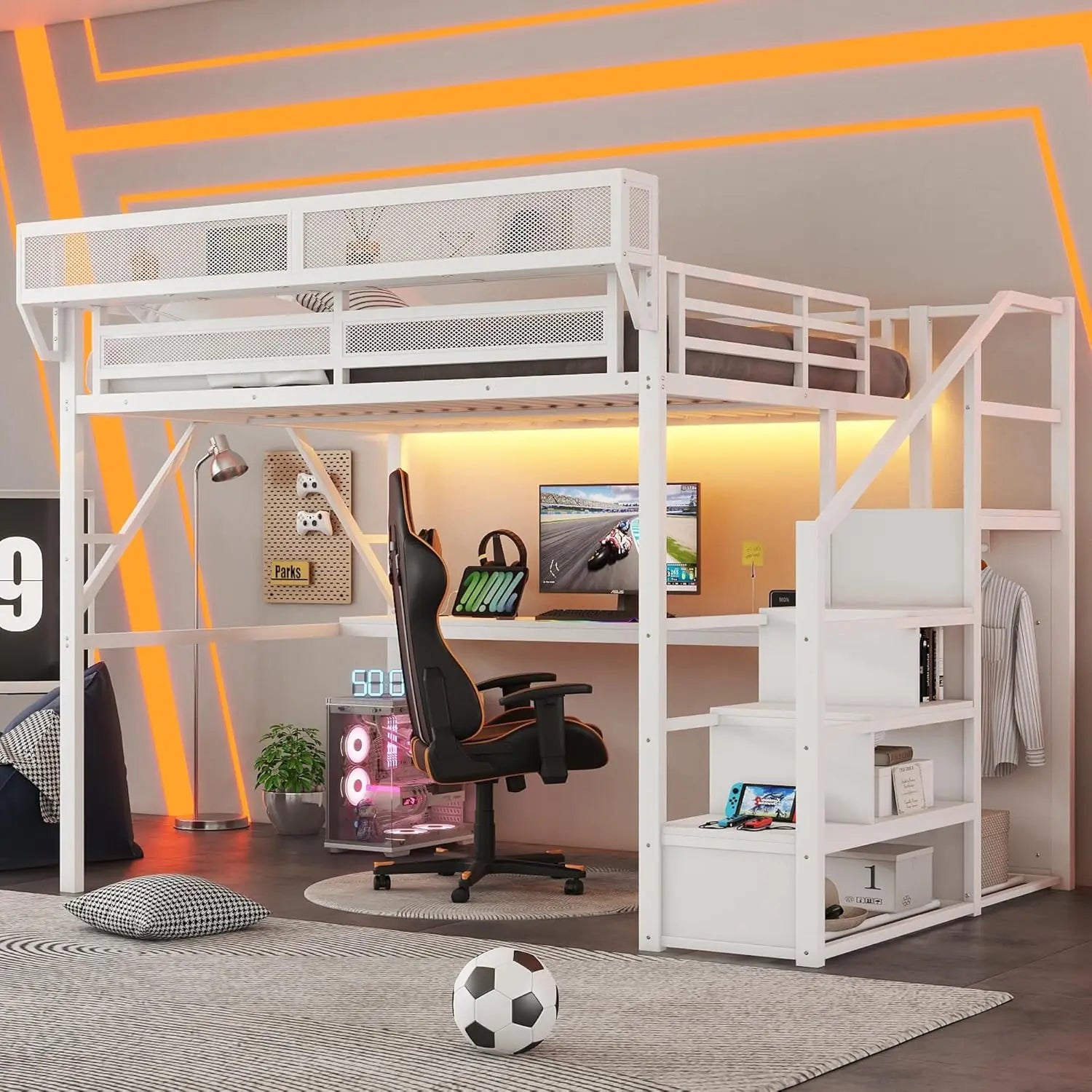 Queen Size Loft Bed Frame with Stairs