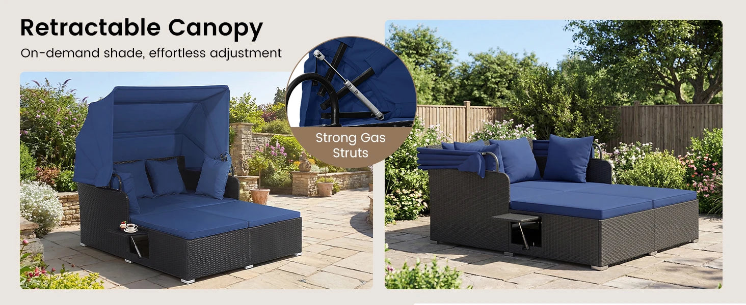 Daybed with Retractable Canopy, 2 Foldable Side Tables
