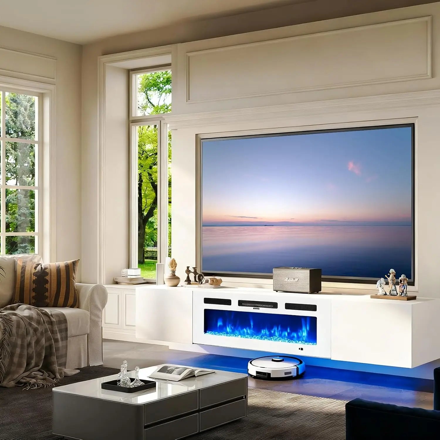 Floating TV Stand, Electric Fireplace, 12-Color LED