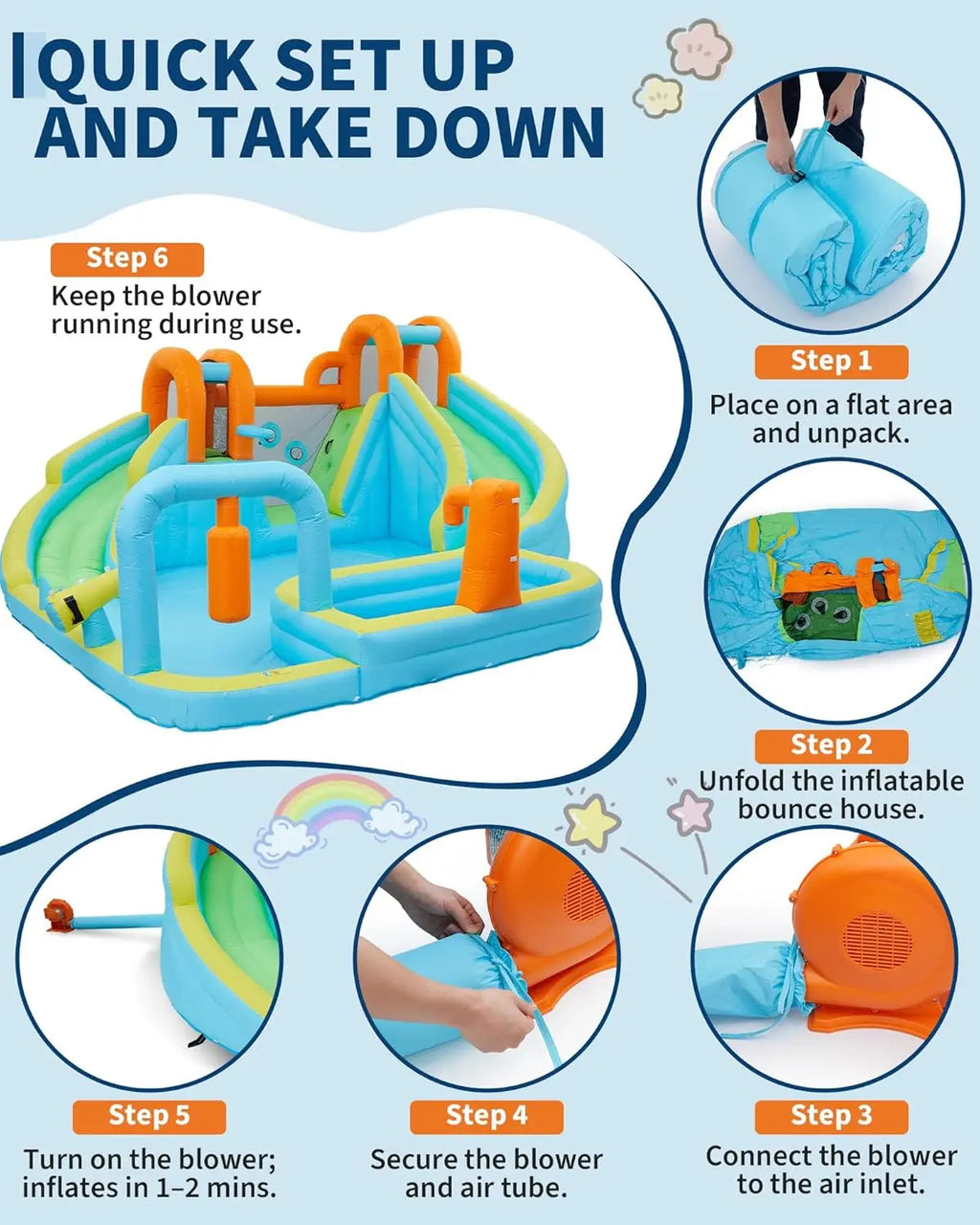 10-in-1 Inflatable Bounce House with Slide & Air Blower, Kids Indoor Outdoor Jump Bouncer Playset for Backyard Birthday Parties
