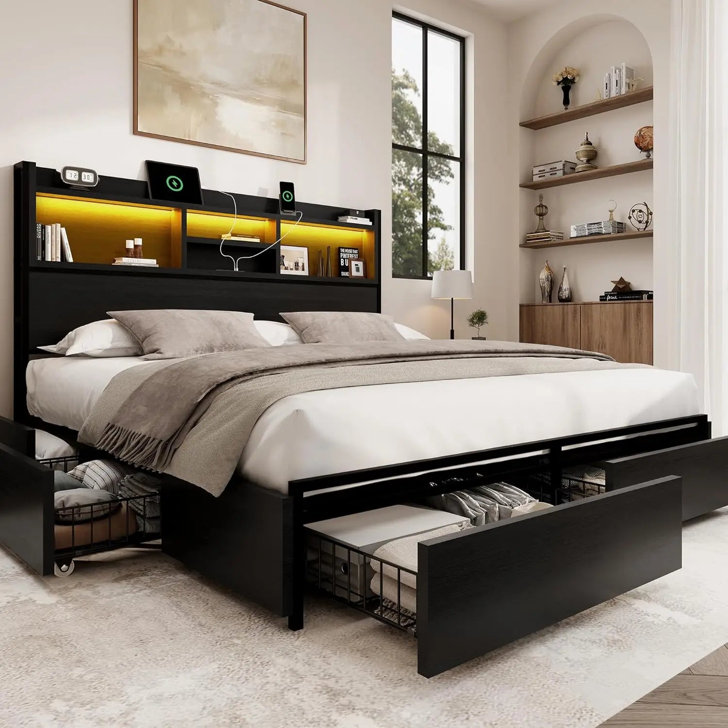 King Storage Bed Frame with 6 Drawers, USB station