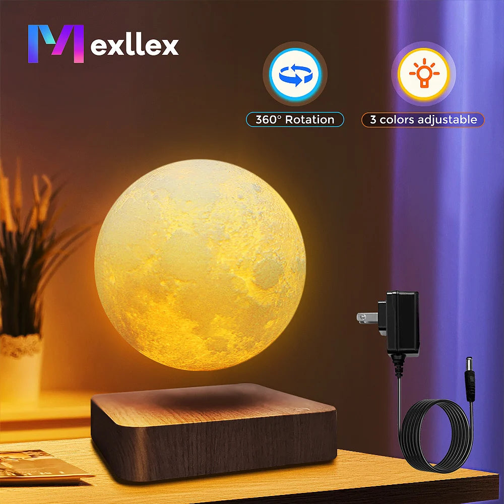 Floating Rotating LED Moon Lamp with Wooden Base,