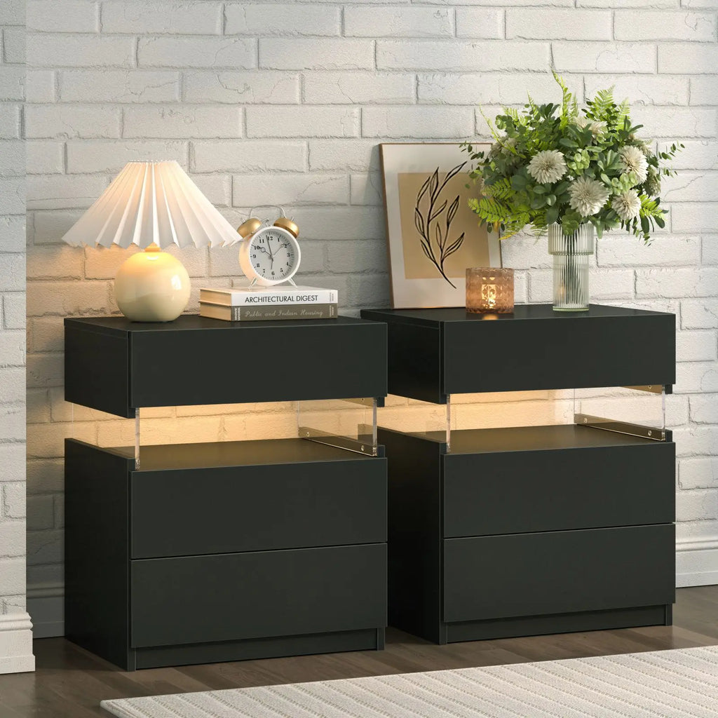 Bedside 2-Table Set with LED Lighting and 3 drawers