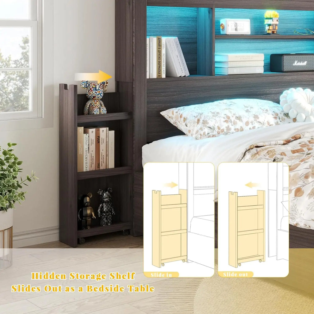 King Bed Frame, Bookcase, Headboard, 2 Bedside Storage Racks, Drawers