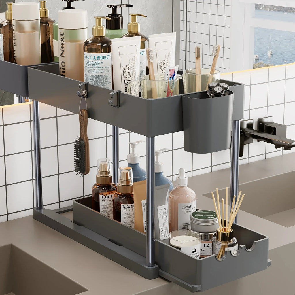 2Pcs 2-Tier Organizer, Pull-Out Under Sink Rack