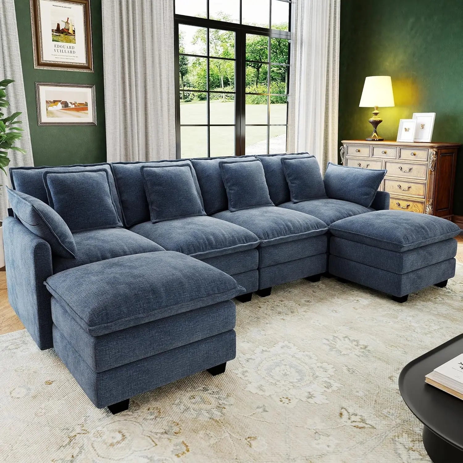Modular Sectional Sofa Deep Seat, 2 Ottomans