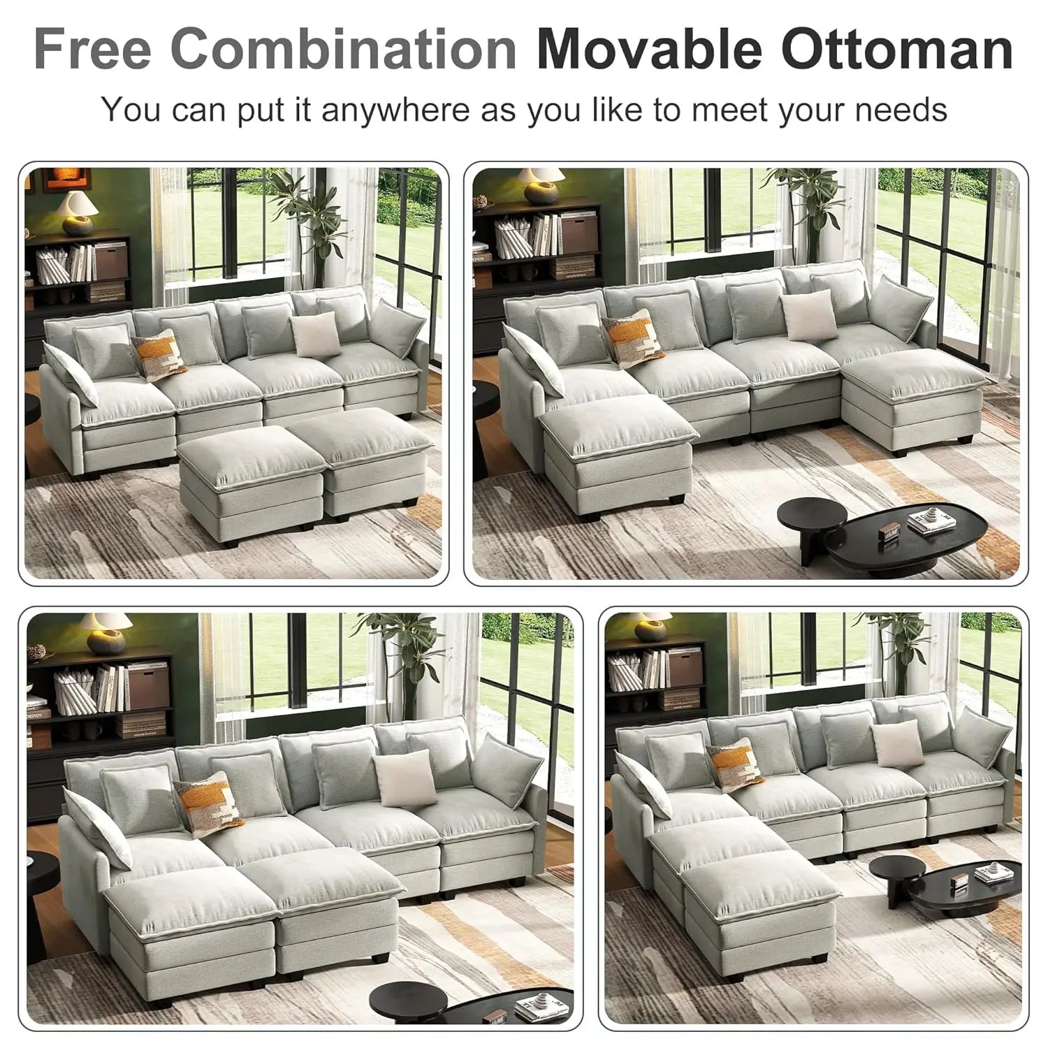 Modular Sectional Sofa Deep Seat, 2 Ottomans