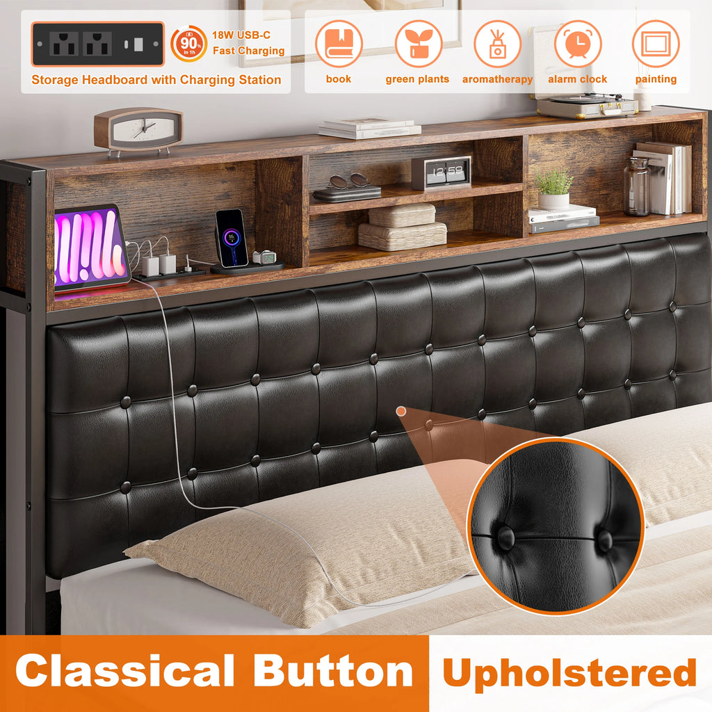 Full/Queen/King Bed Frame with Charging Station, 4 Storage Drawers