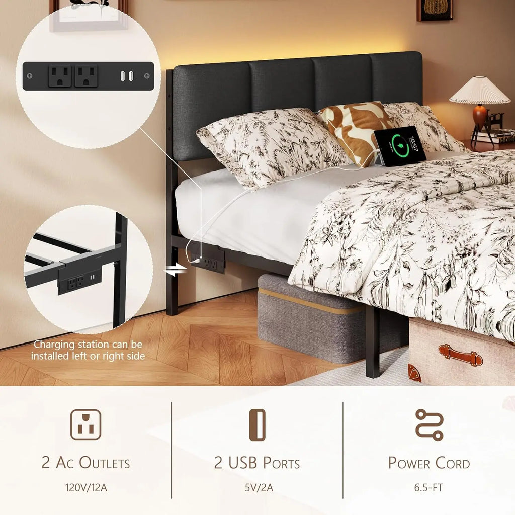 Full Size Bed Frame, Headboard, Upholstered, LED