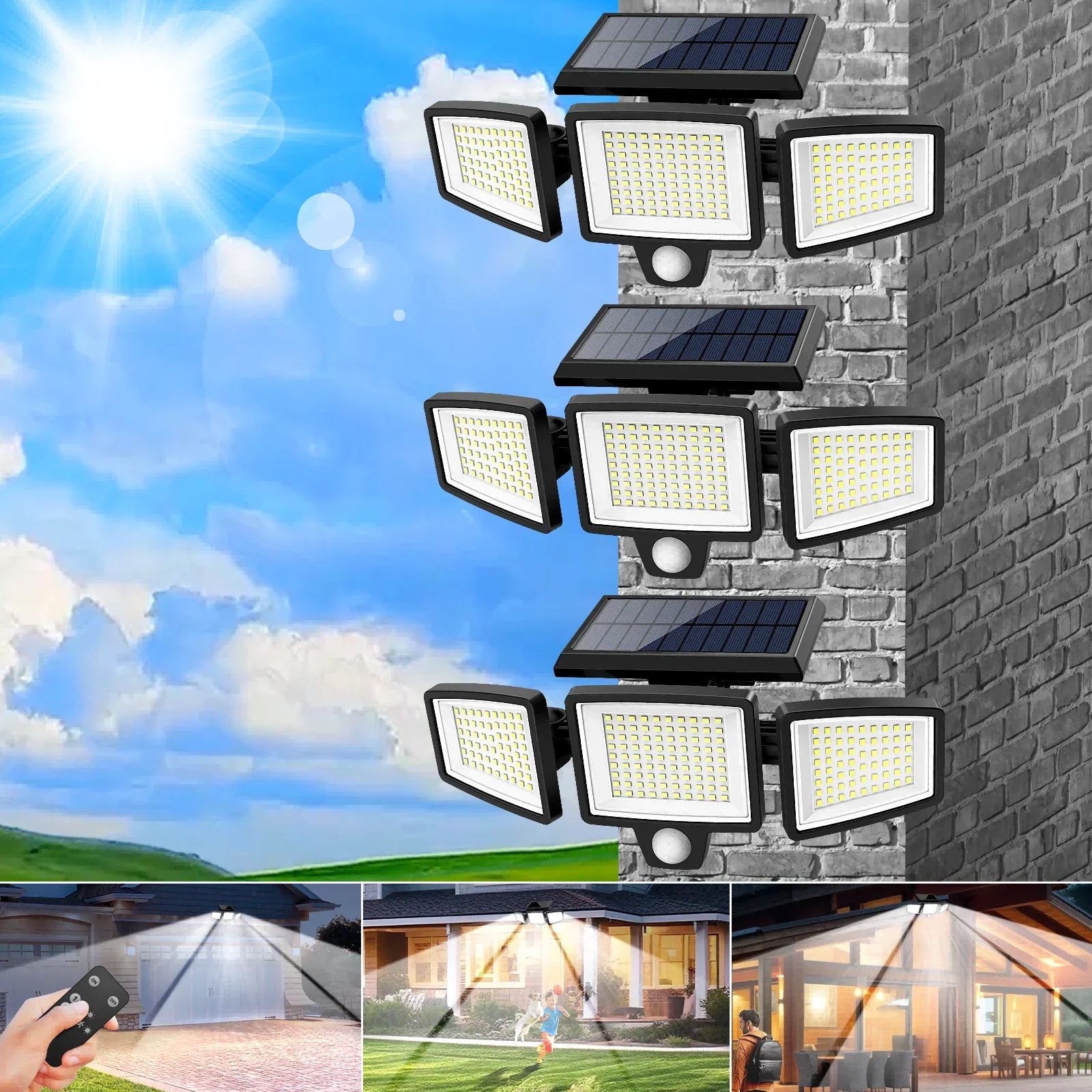 3-Head Solar Wireless Remote Outdoor Motion Light