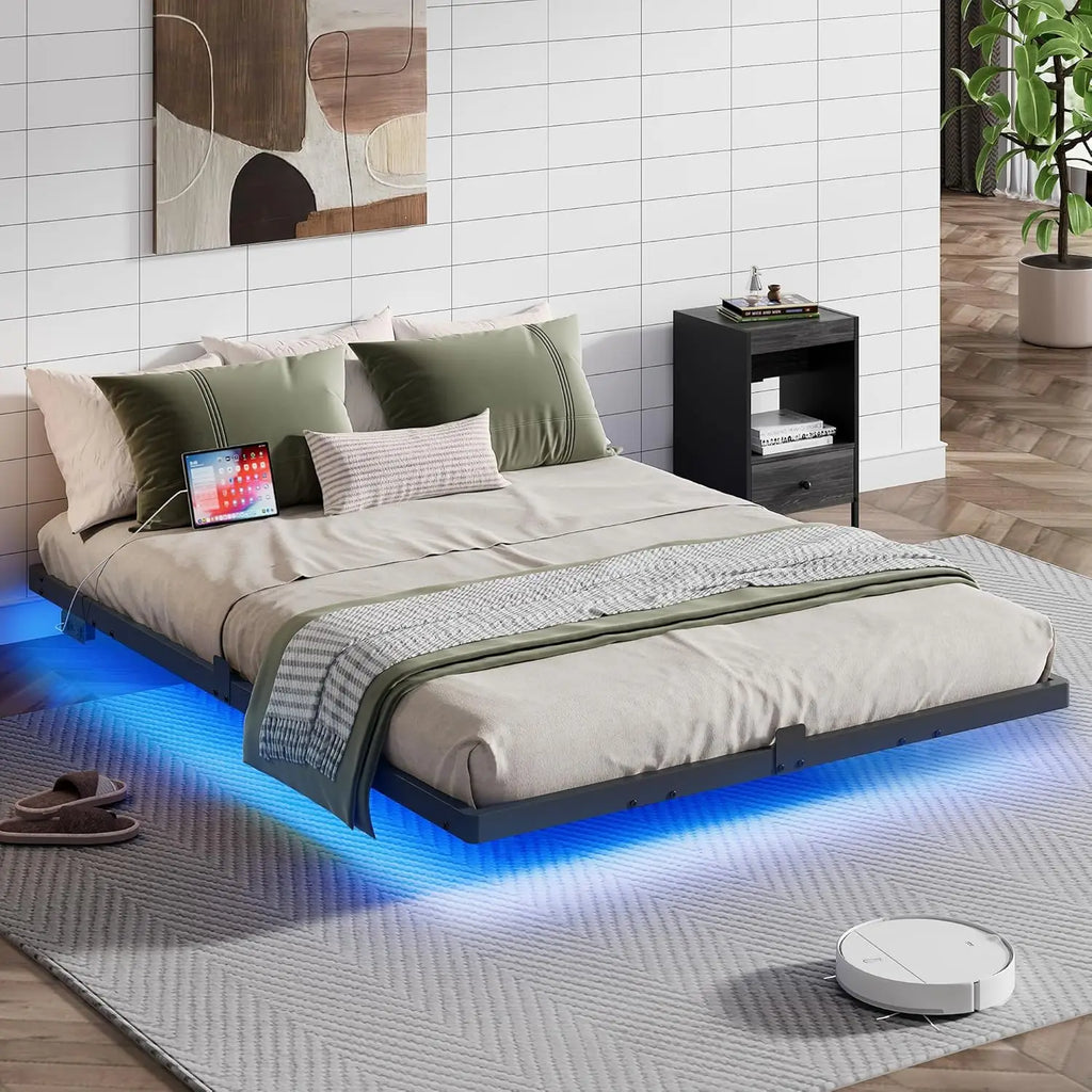 1500Lbs Heavy Duty Metal King Bed Frame with LED Light, Charging Station