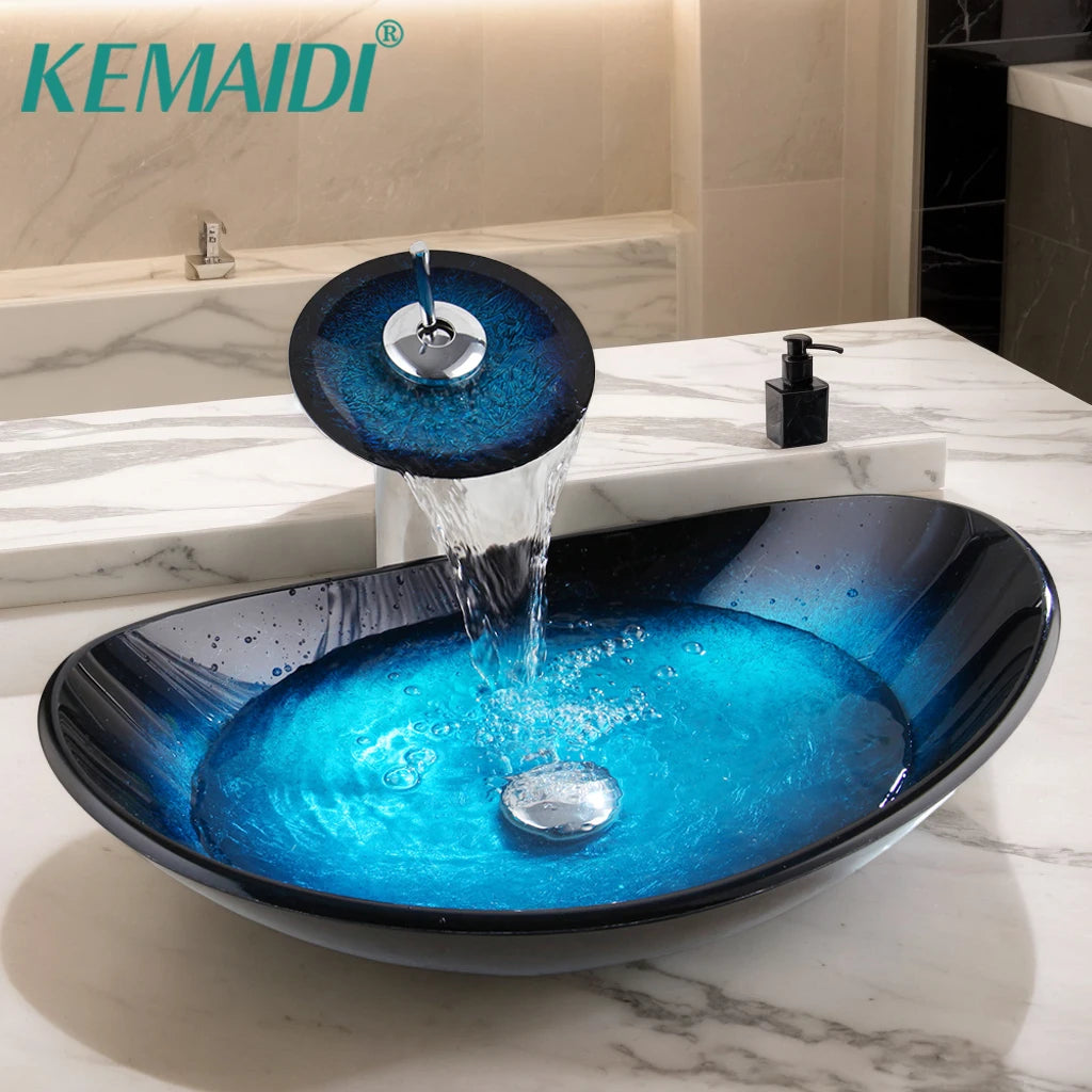 Oval Blue Bathroom Vessel Sink With Faucet