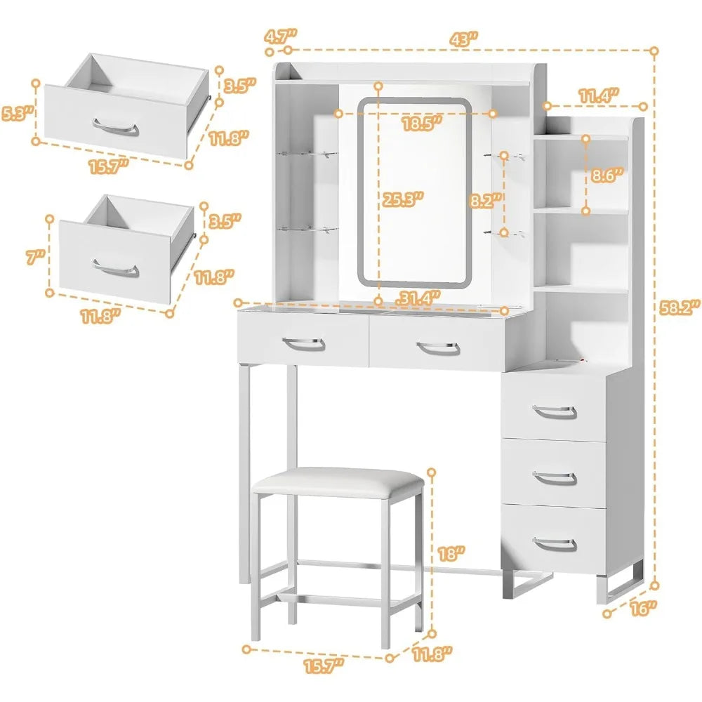 Vanity Desk with LED Mirror, Wireless Charging, 3 Color Lights, Power Outlet