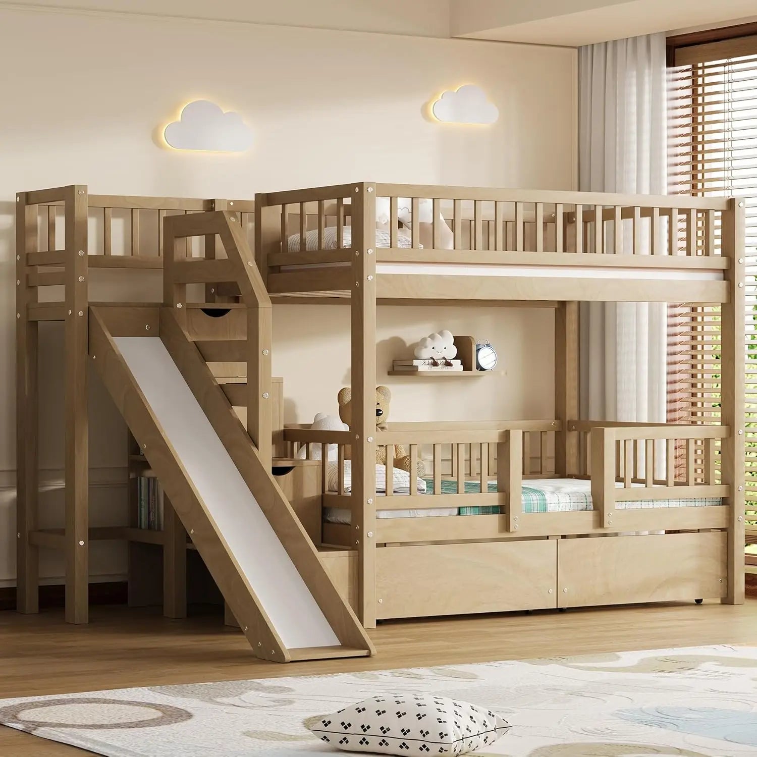 Twin Over Twin Bunk Bed with Slide, Storage Drawers & Staircase