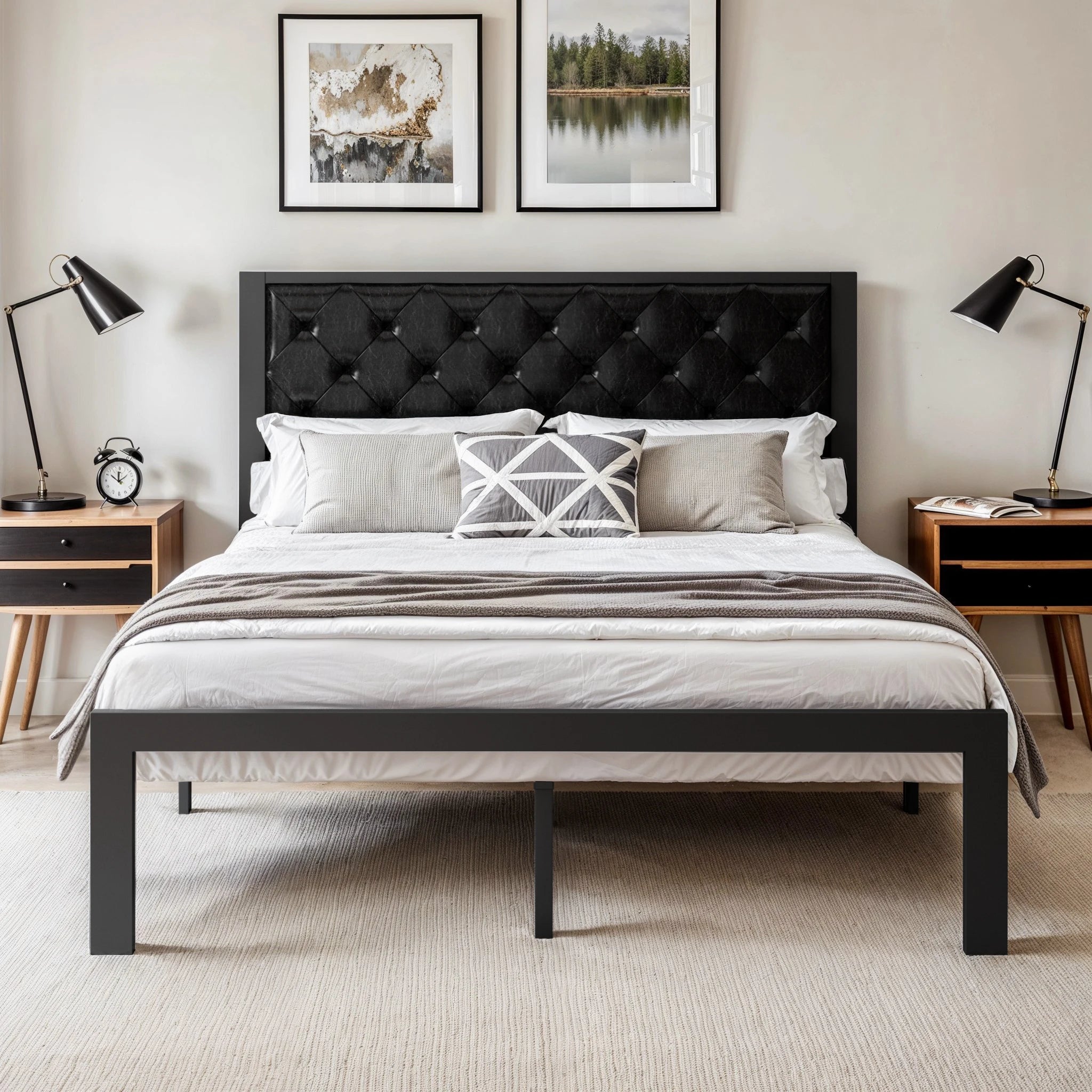 Bed Frame with Upholstered Finely Stitched Headboard