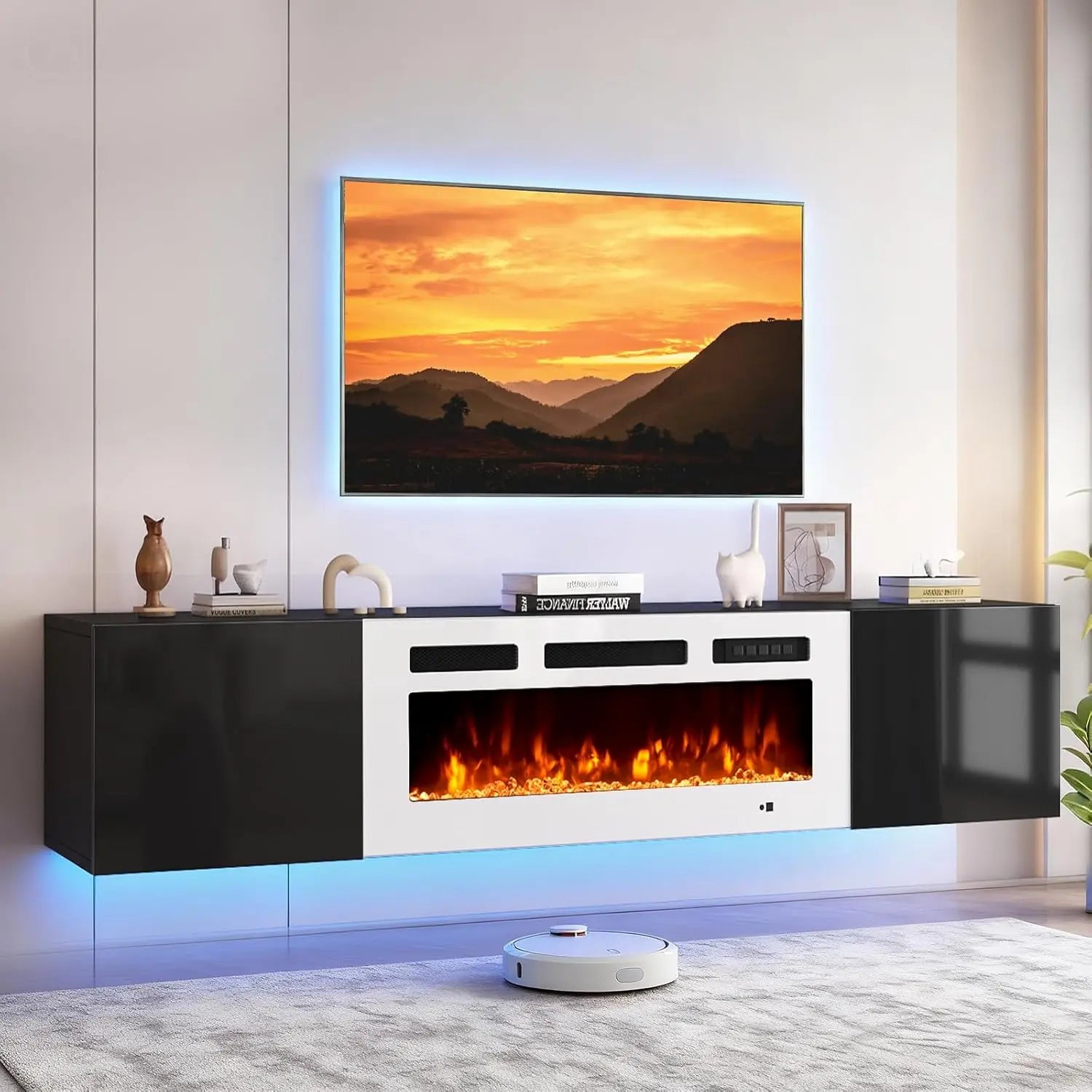 Floating TV Stand, Electric Fireplace, 12-Color LED