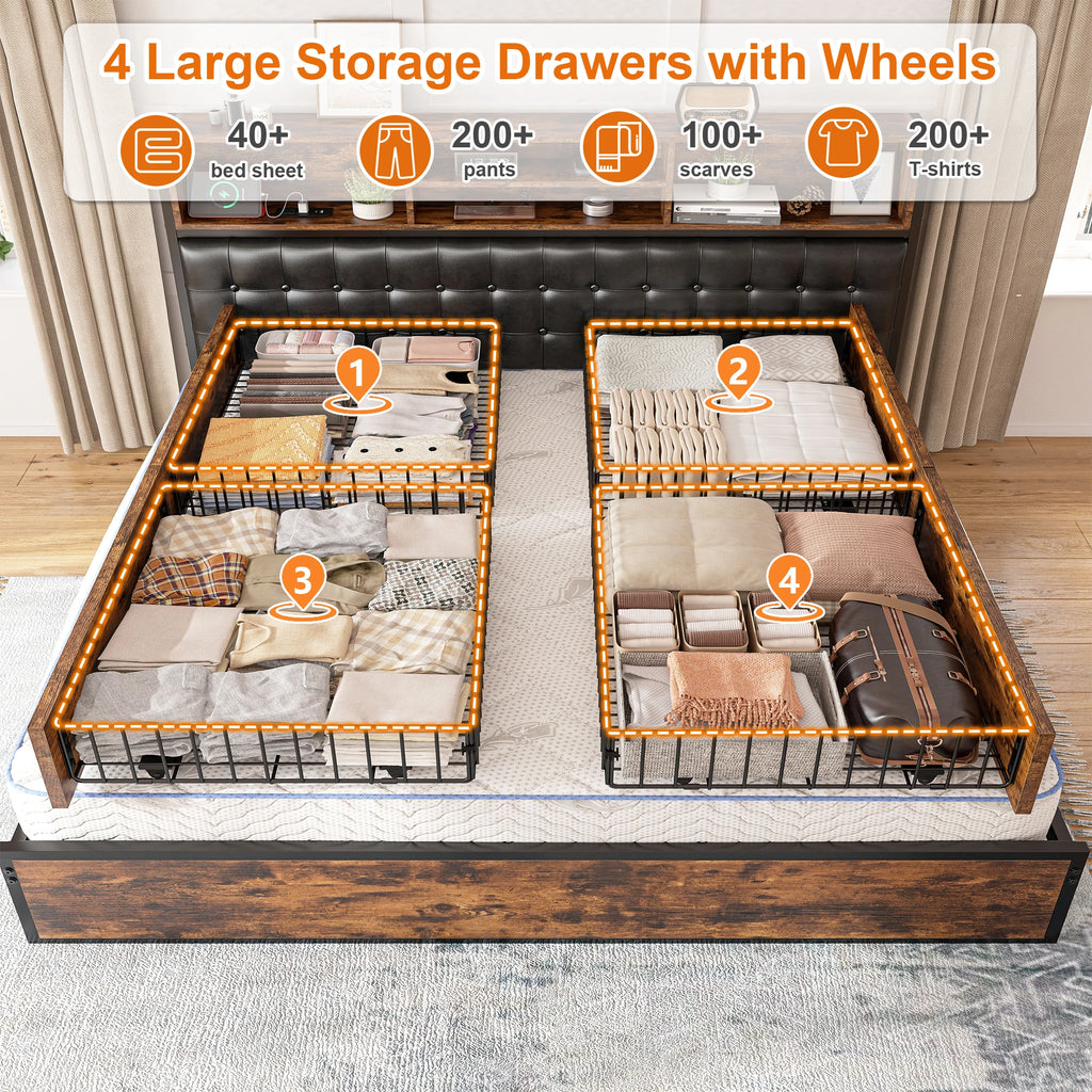 Full/Queen/King Bed Frame with Charging Station, 4 Storage Drawers