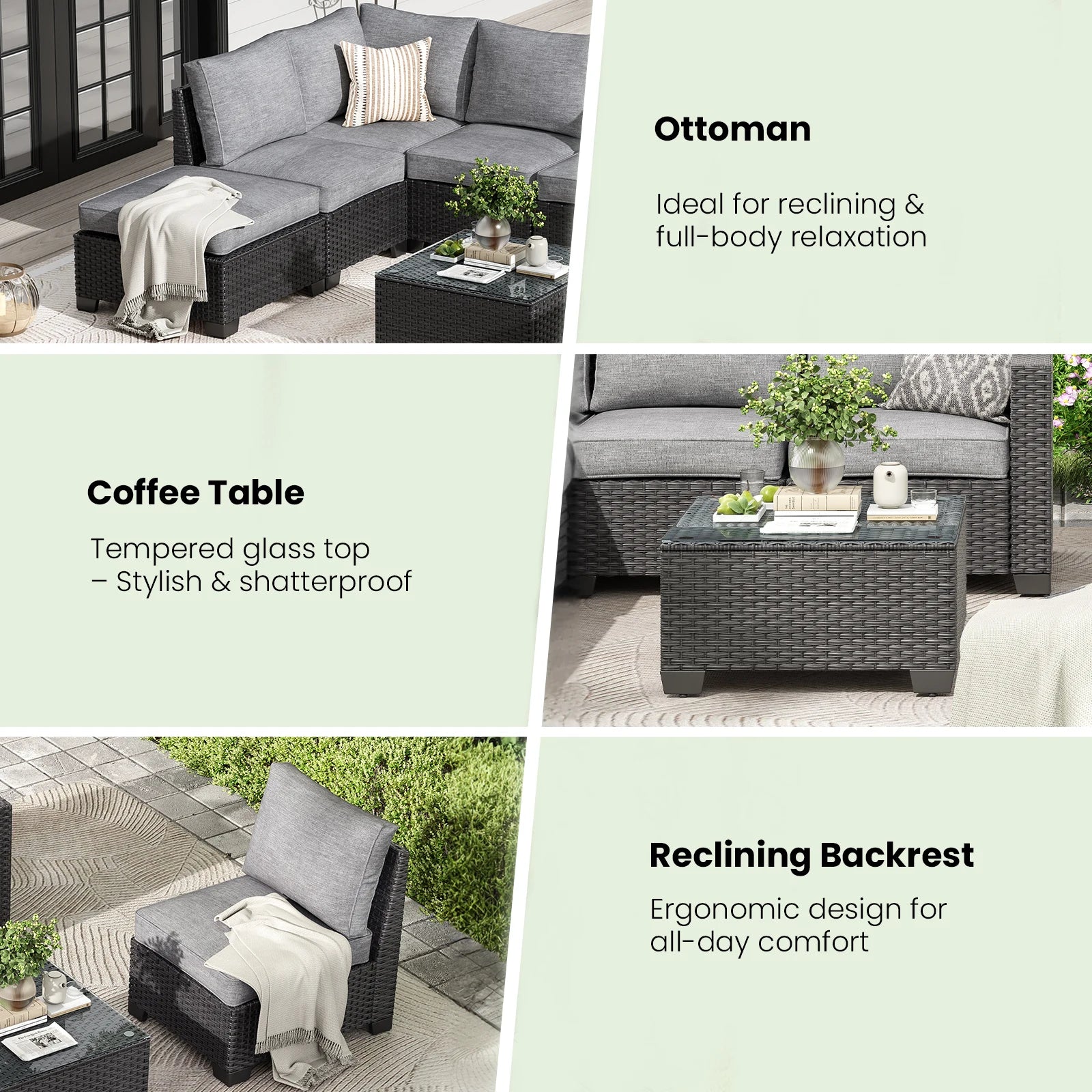 7pc. Outdoor Furniture with Ottoman, Water/Oil/Stain-Resistant Fabric