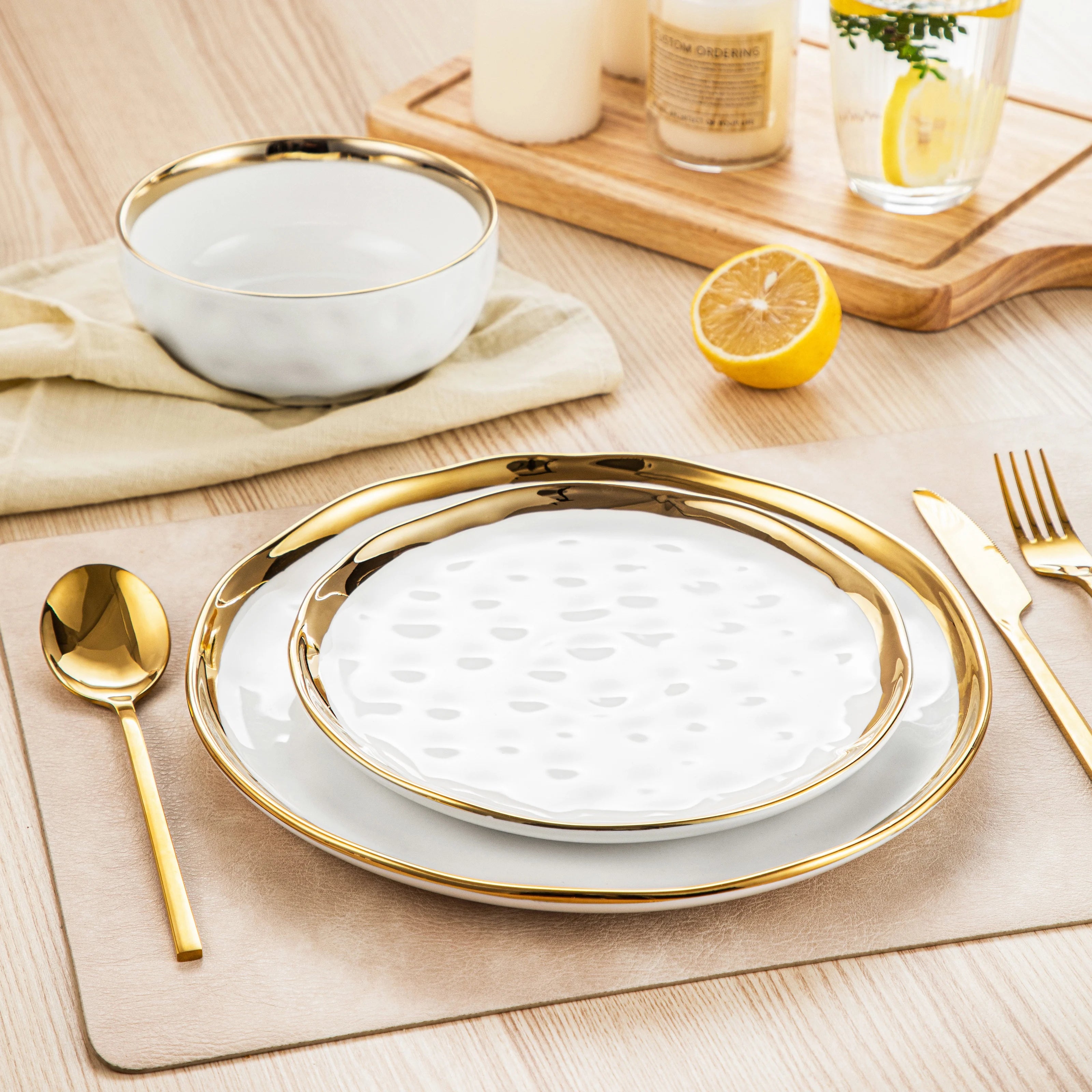 12/24 Pc. Porcelain White/Golden Rim dinnerware