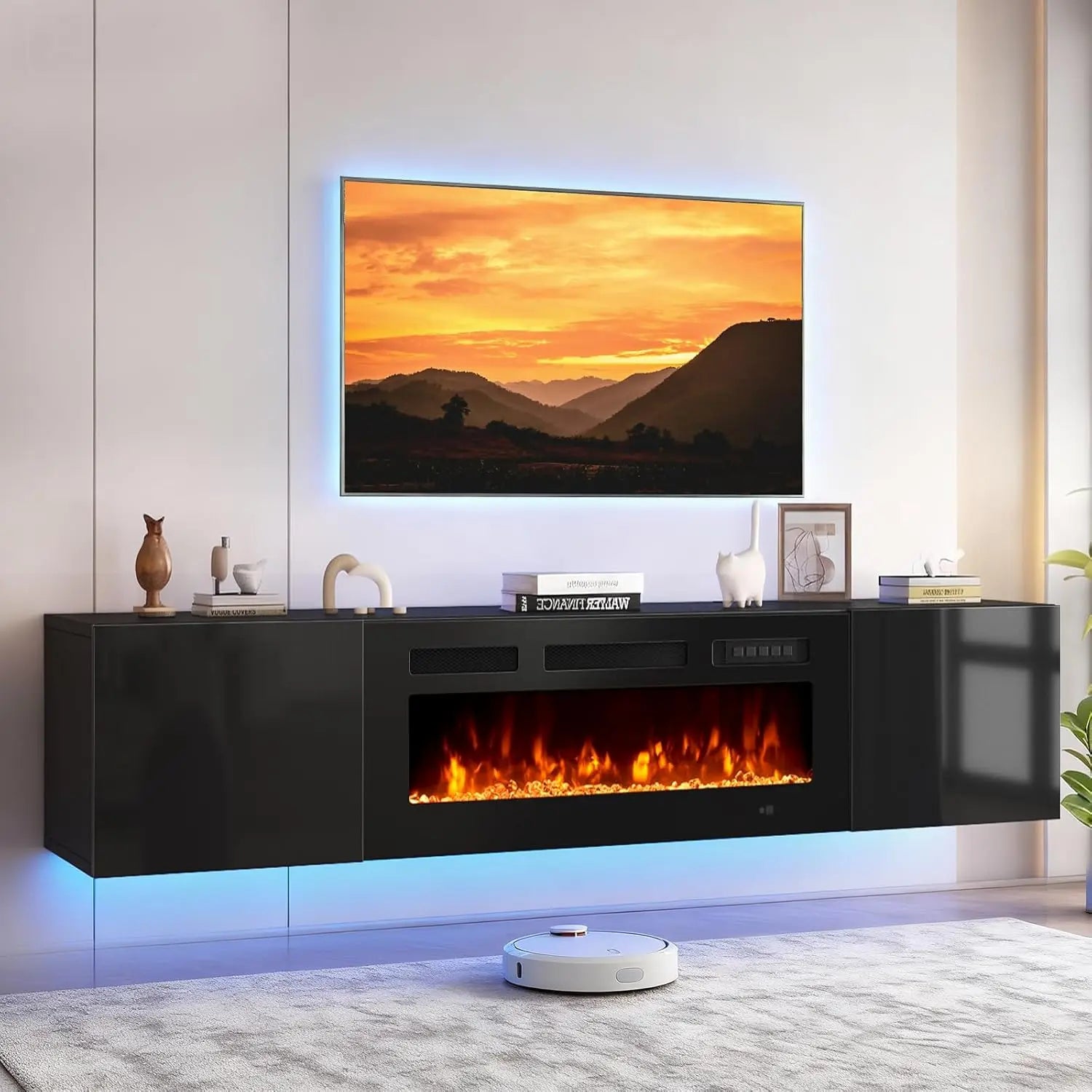 Floating TV Stand, Electric Fireplace, 12-Color LED