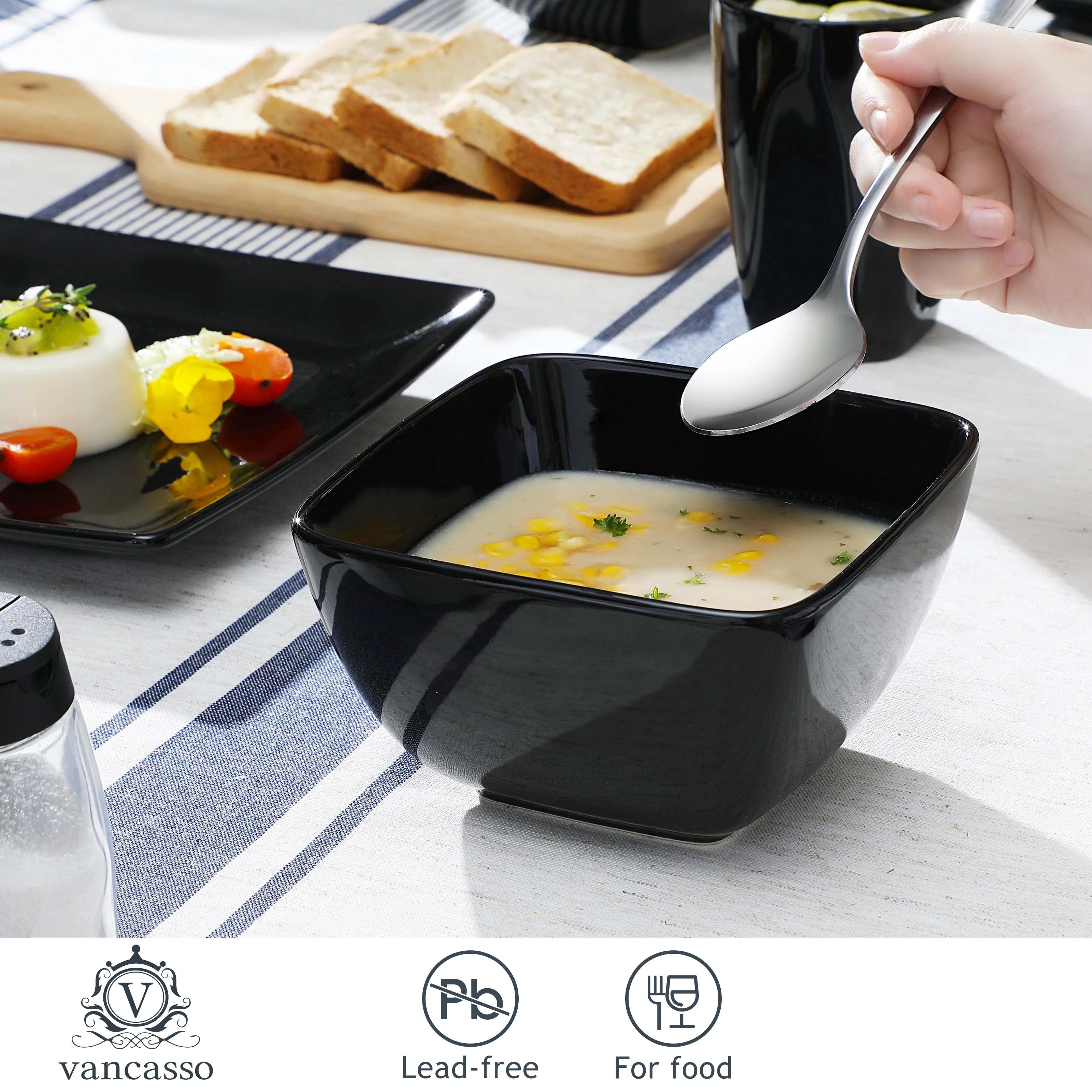 16/32/48-Pc. Black Porcelain Square Dinnerware Set