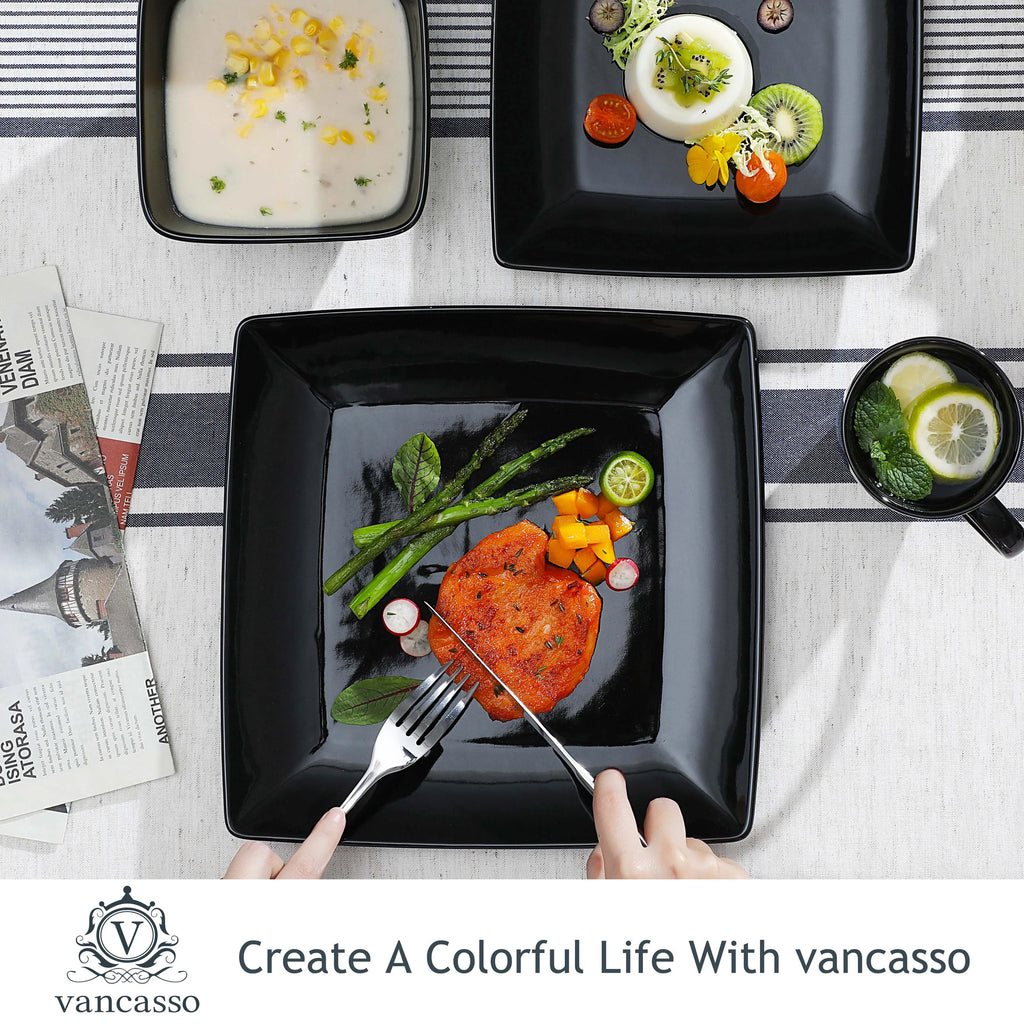 16/32/48-Pc. Black Porcelain Square Dinnerware Set